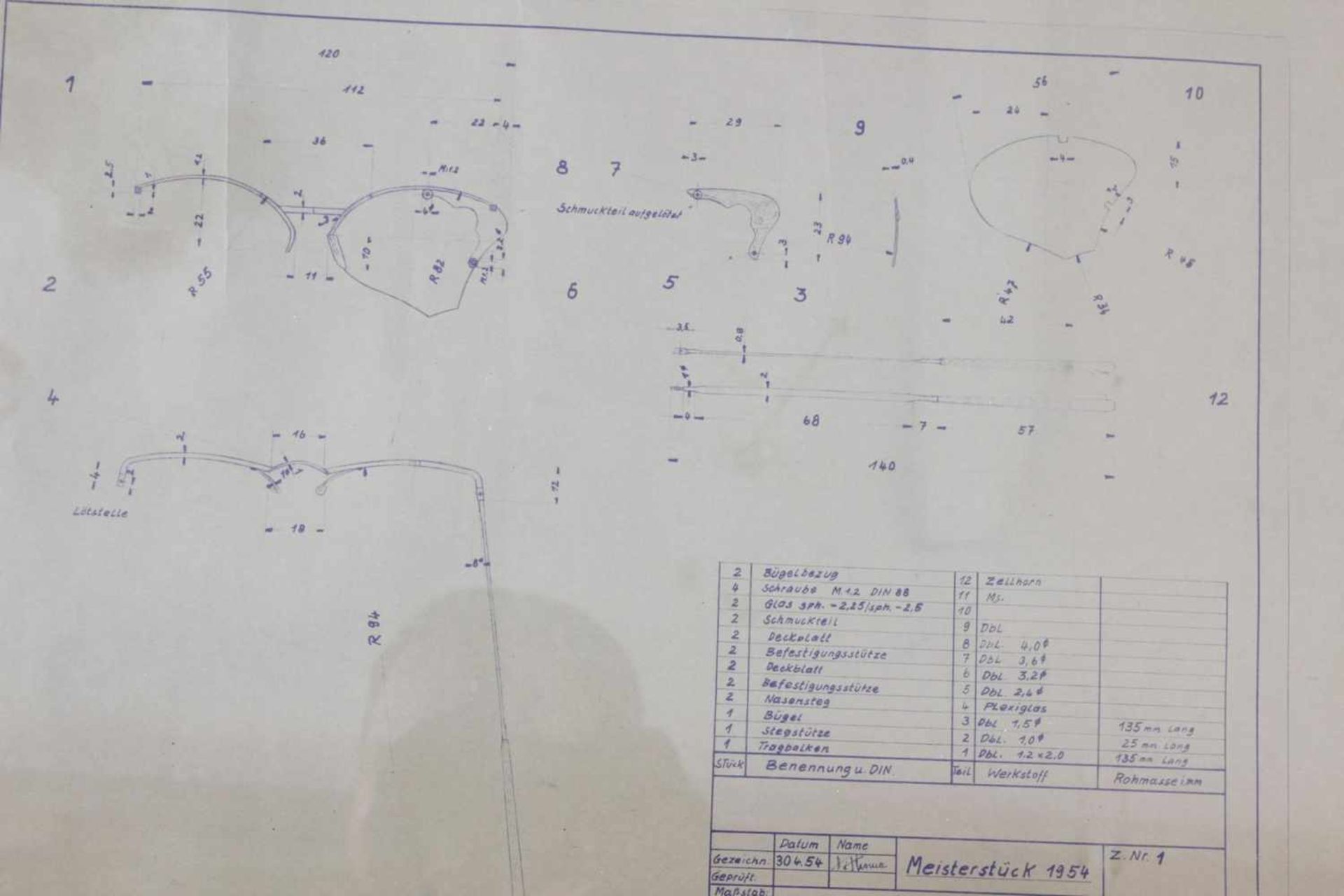 Schmuckbrille, Meisterstück von 1954Mit technischer Zeichnung in 3-facher Ausfertigung, - Bild 2 aus 3