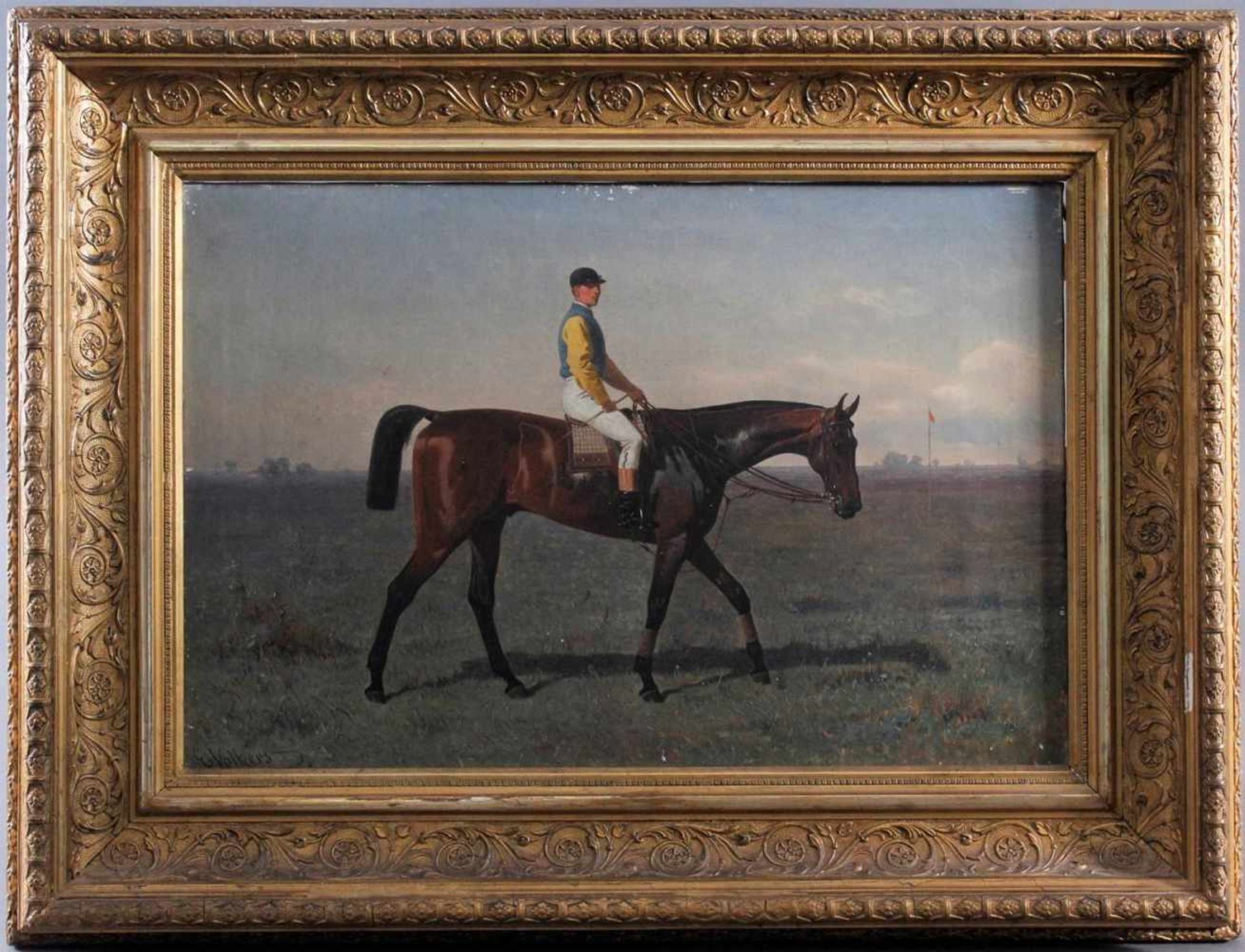 Emil Volkers (1831-1905)Öl auf Leinwand, "Reiter auf seinem Pferd", ca. 30 x 45 cm. Mit Rahmen ca.