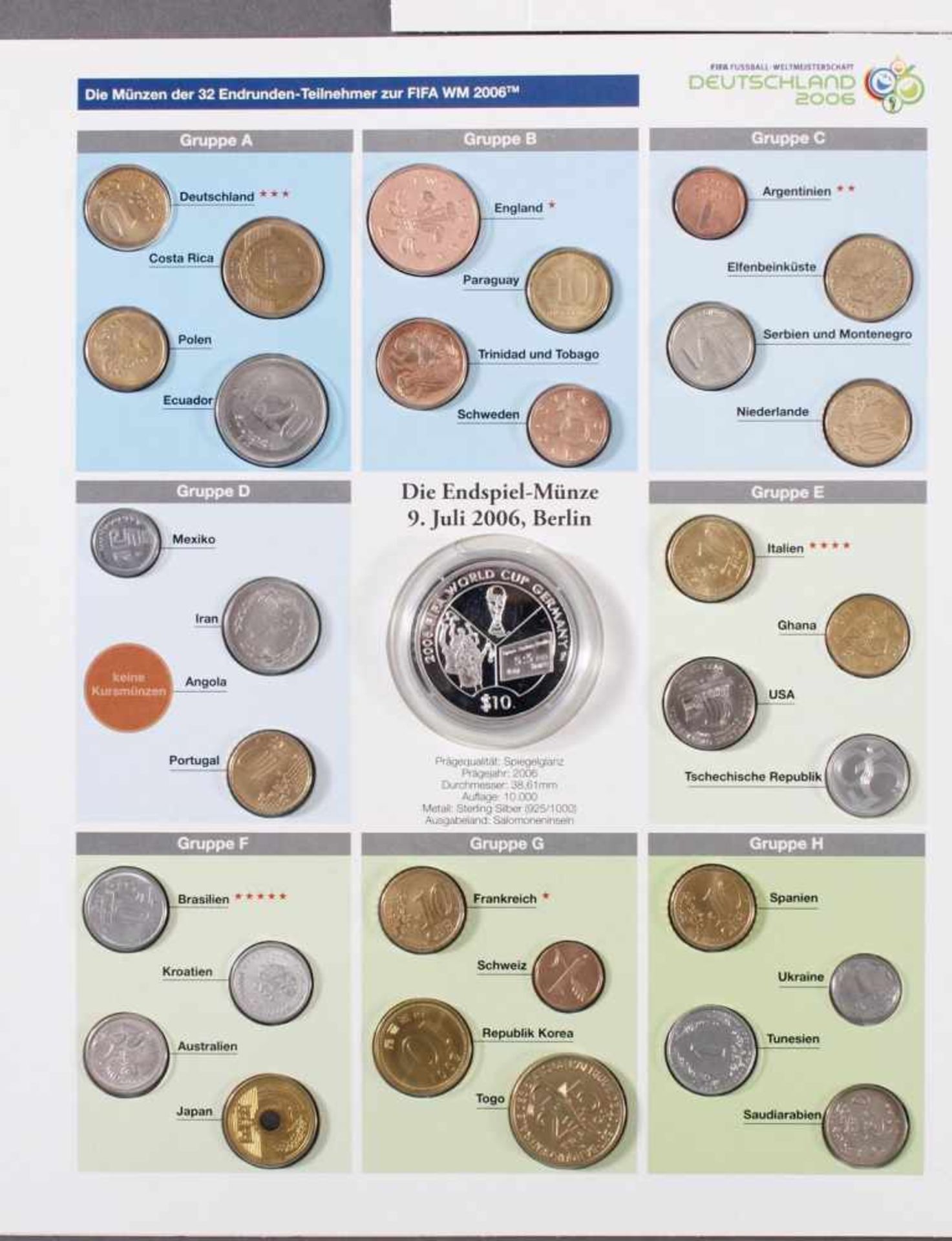 Die Münzen der 32 Endrunden-Teilnehmer zur Fifa WM 20063x 10 Dollar Salomoneninseln, 925er - Bild 2 aus 4