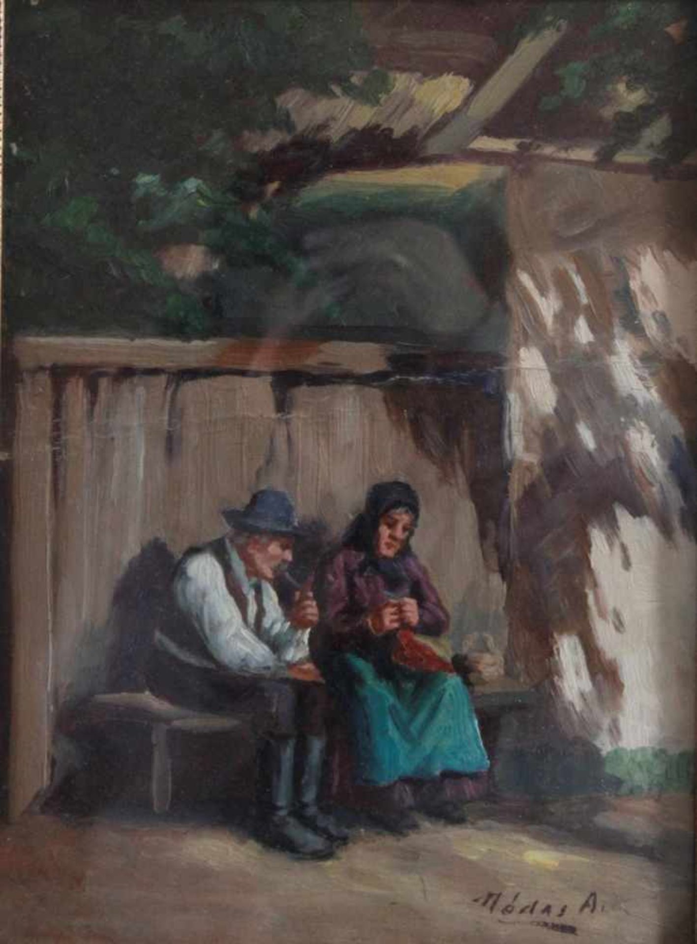 Ungarischer Künstler des 20. JahrhundertsÖl auf Holz, "Paar, naive bäuerliche Szene", rechts unten - Bild 2 aus 3