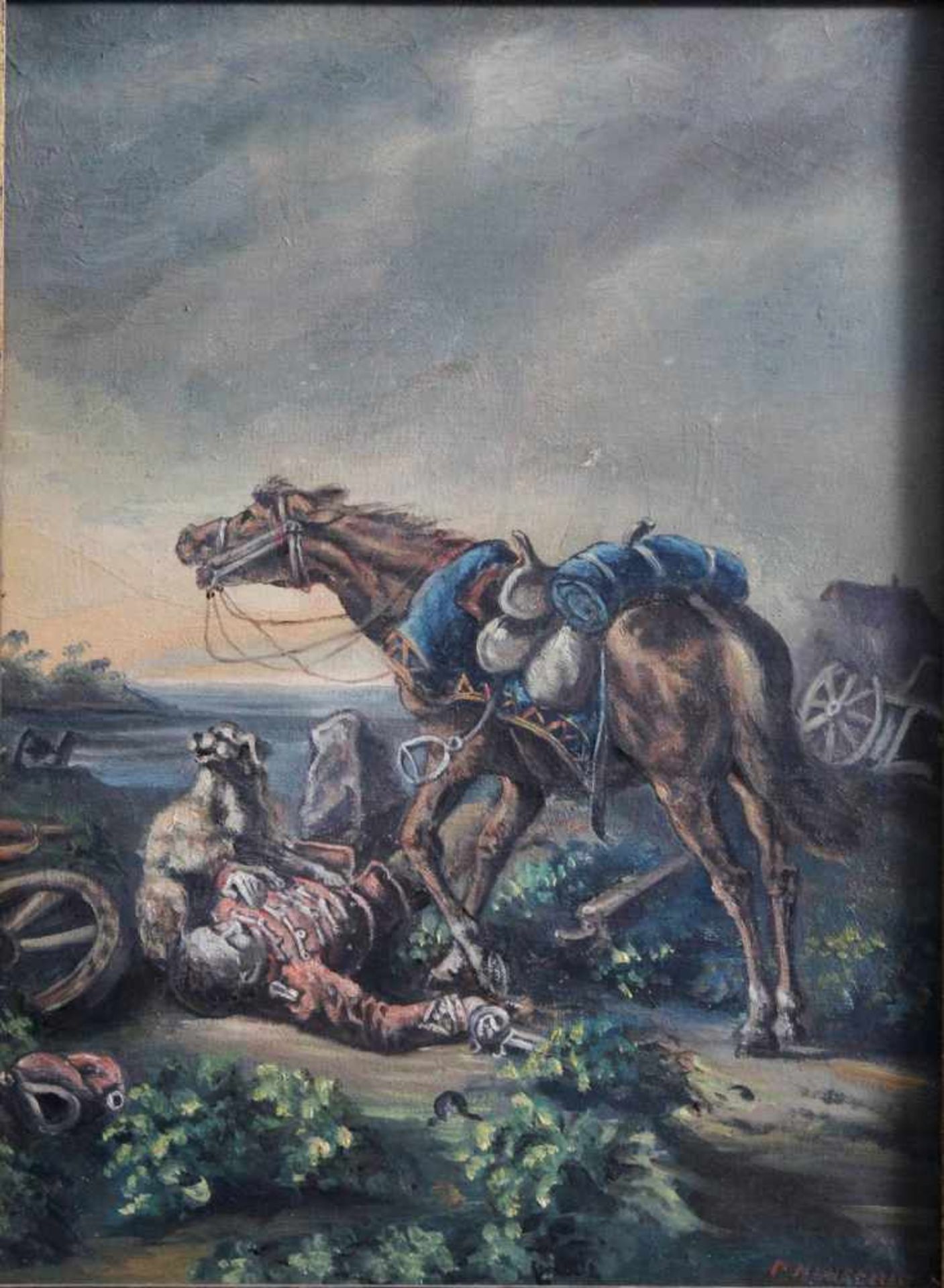 Gefallener Soldat. Gemälde 19. JahrhundertÖl auf Leinwand. "Am Boden liegender Soldat mit dem - Image 2 of 4