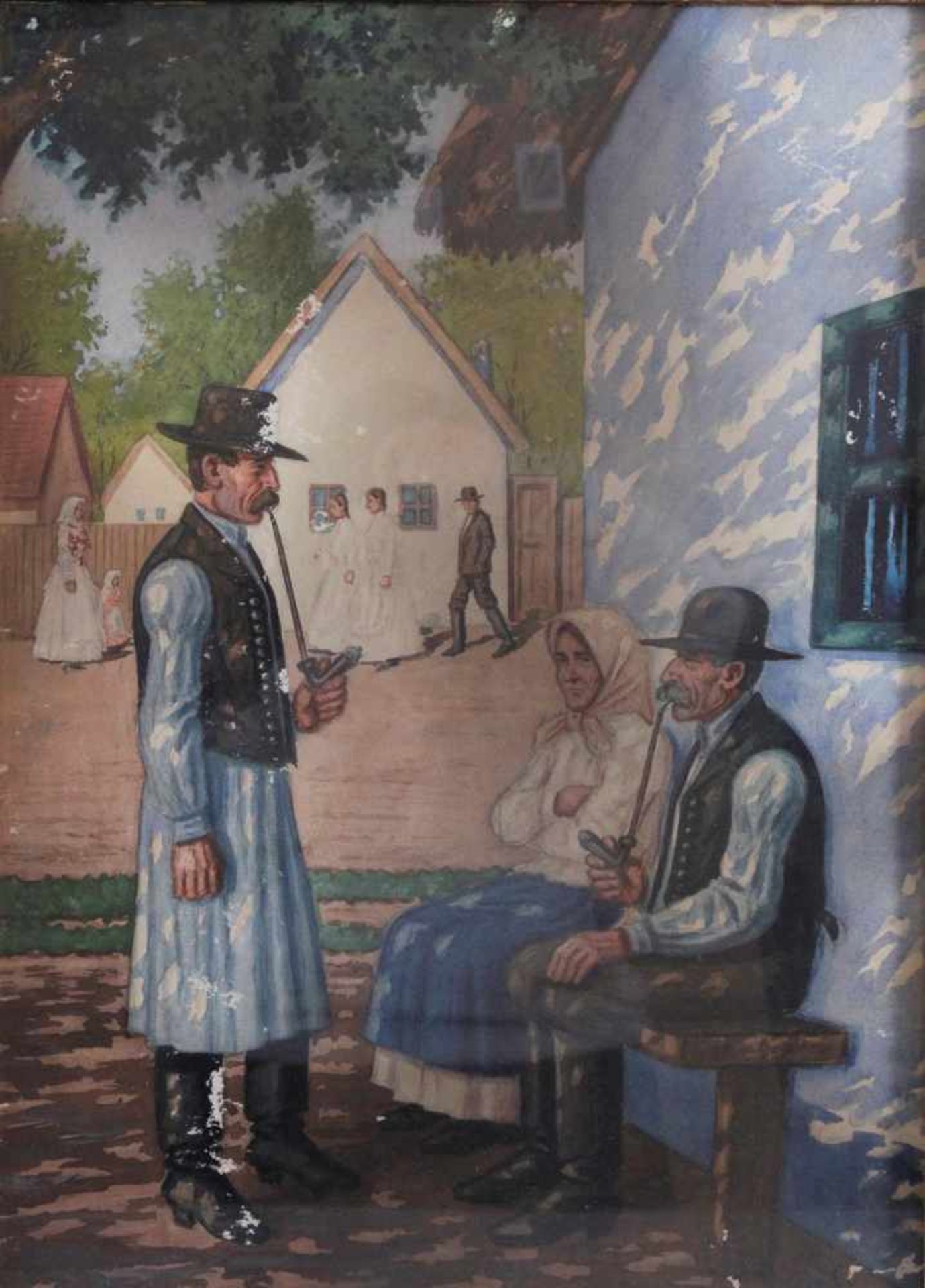 Sándor Falvi-Sajò, ungarischer KünstlerGouache auf Pappe, "Dorfansicht mit Personenstaffage, im - Bild 2 aus 5