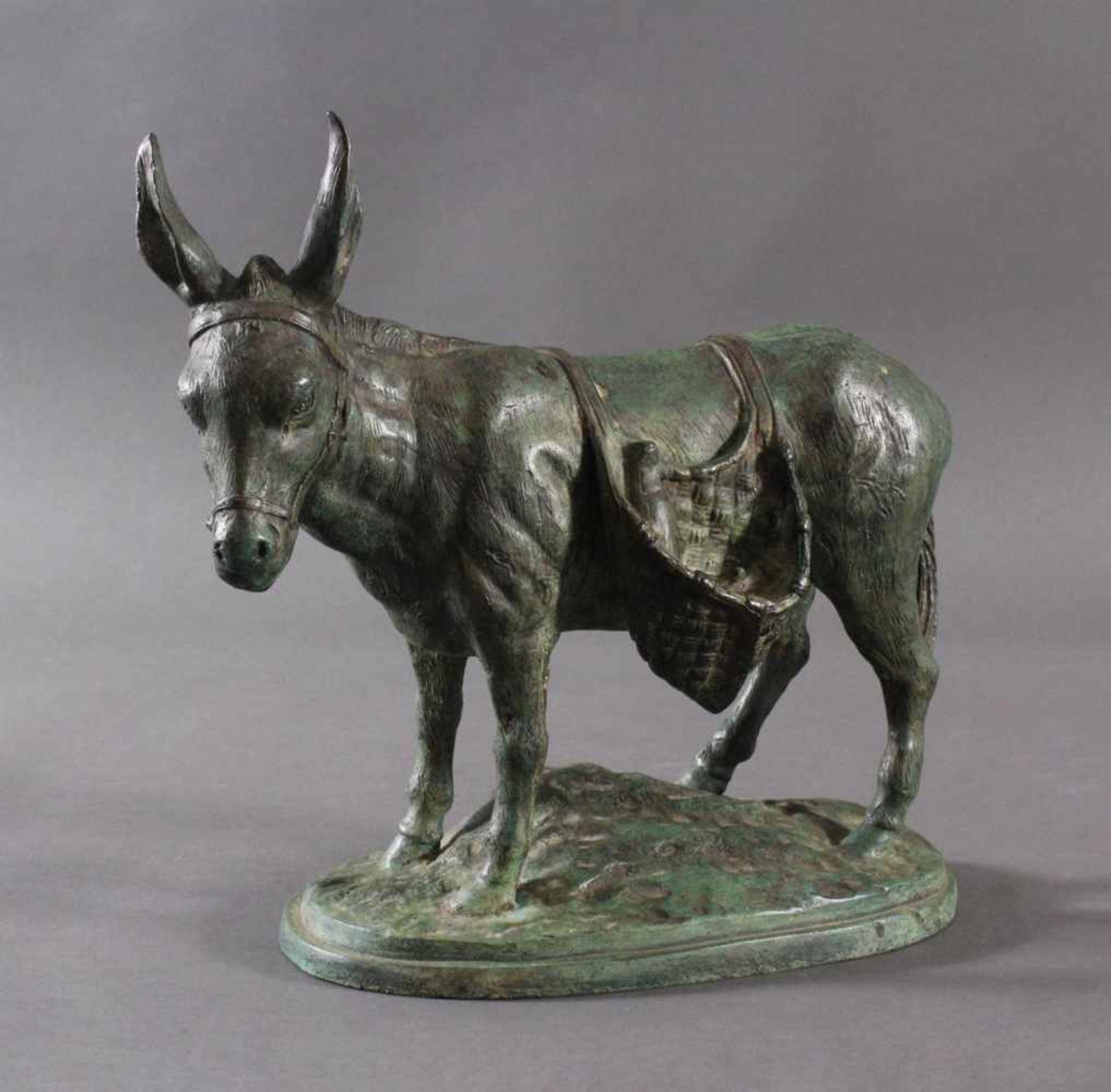 Stehender Bronze-EselNaturalistisch ausgeführte Darstellung eines Esels mit Lasten-Körben, auf