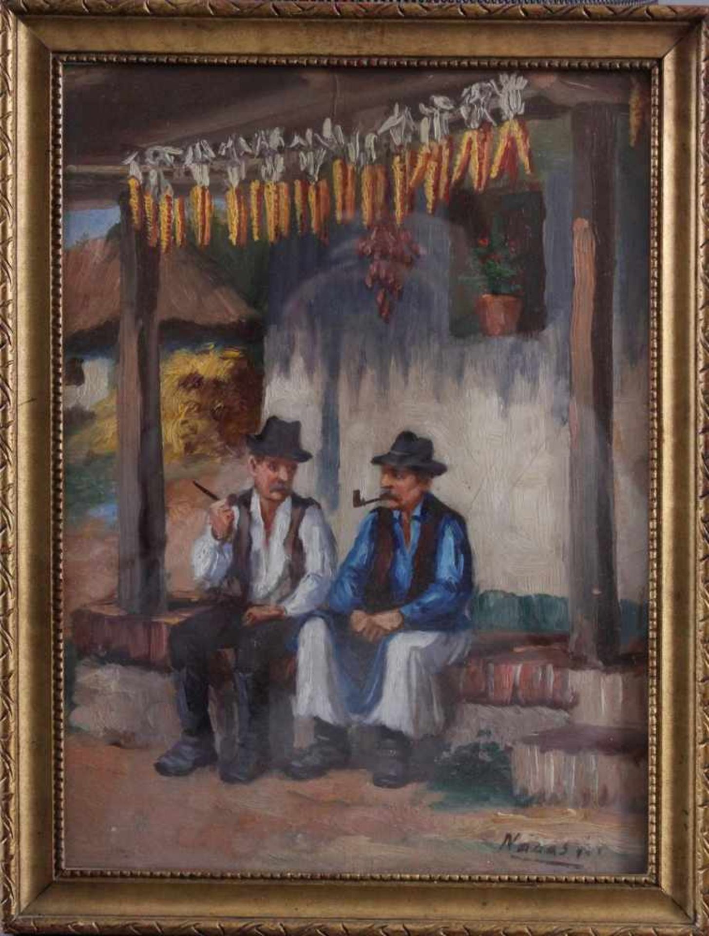 Ungarischer Künstler des 20. JahrhundertsÖl auf Holz, "2 Bauern, naive bäuerliche Szene", rechts