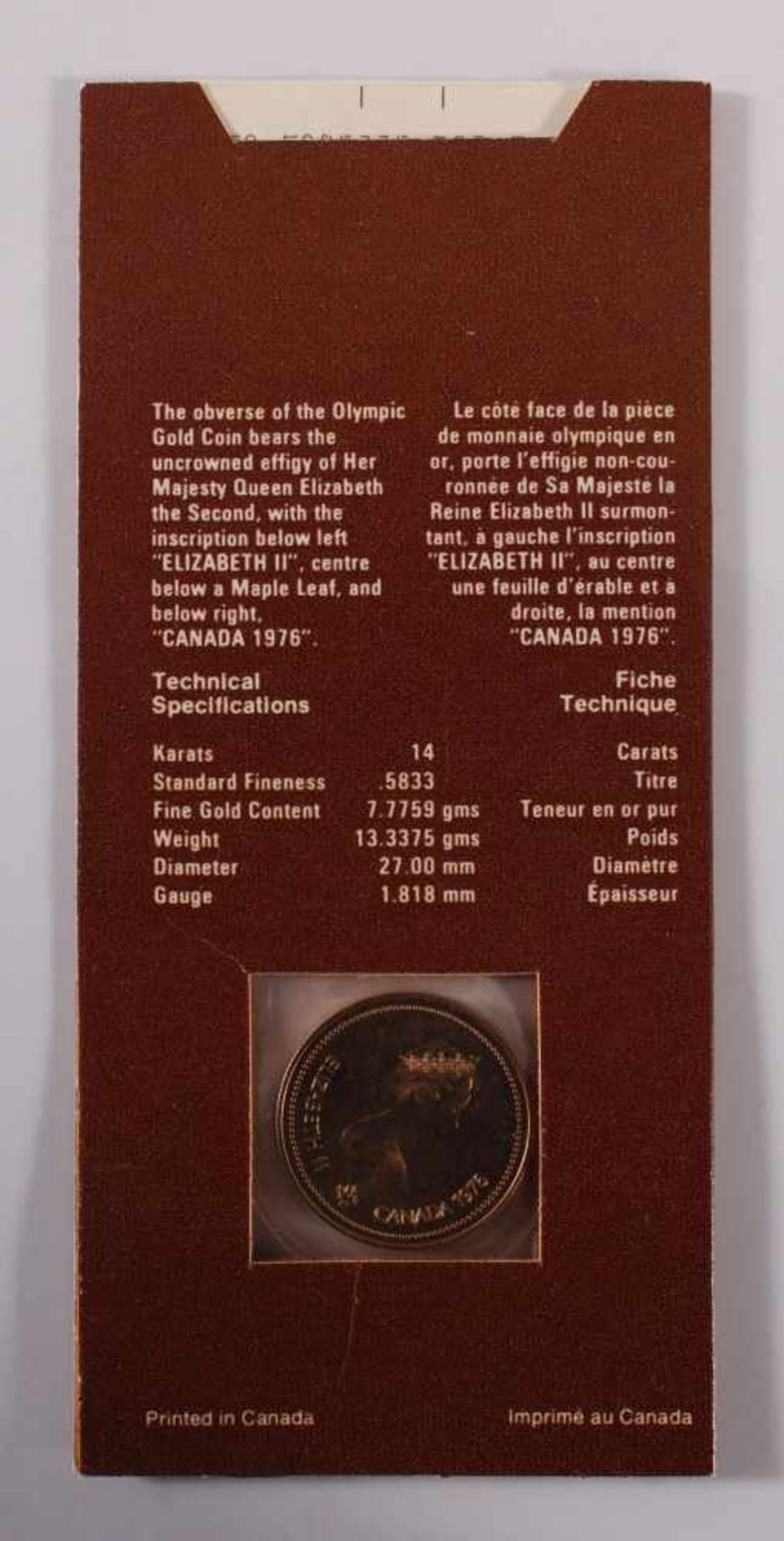 100 Dollar Goldmünze, Olympische Spiele Montreal 1976585 Gelbgold, 13,33 g. - - -20.00 % buyer's - Bild 3 aus 4