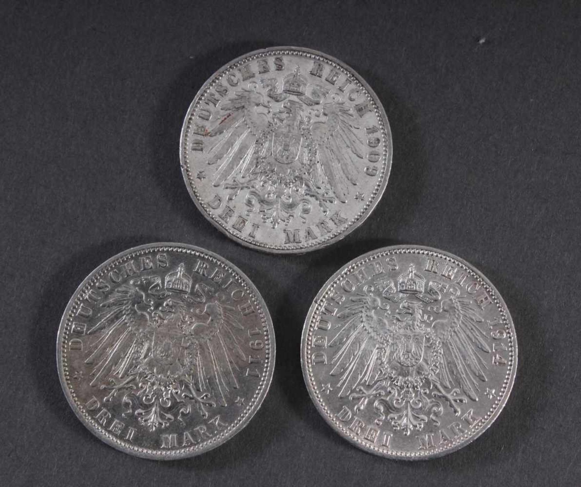 Kaiserreich, 3x 3 Mark1x Friedrich II Großherzog von Baden 1914 G. 1x Wilhelm II König von - Image 2 of 2