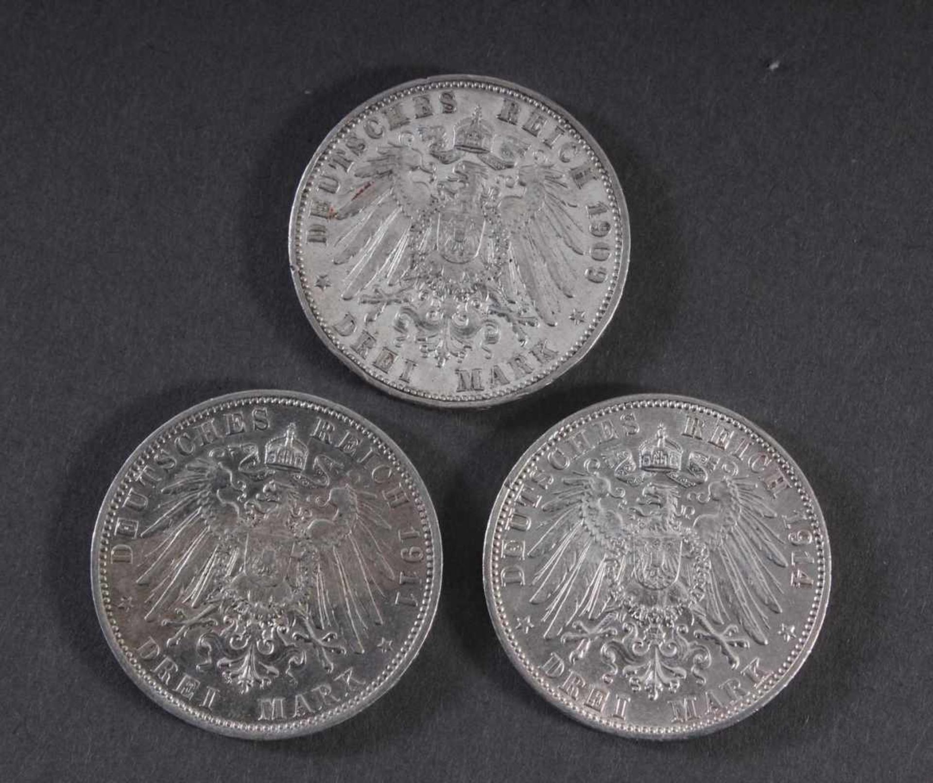 Kaiserreich, 3x 3 Mark1x Friedrich II Großherzog von Baden 1914 G. 1x Wilhelm II König von - Bild 2 aus 2