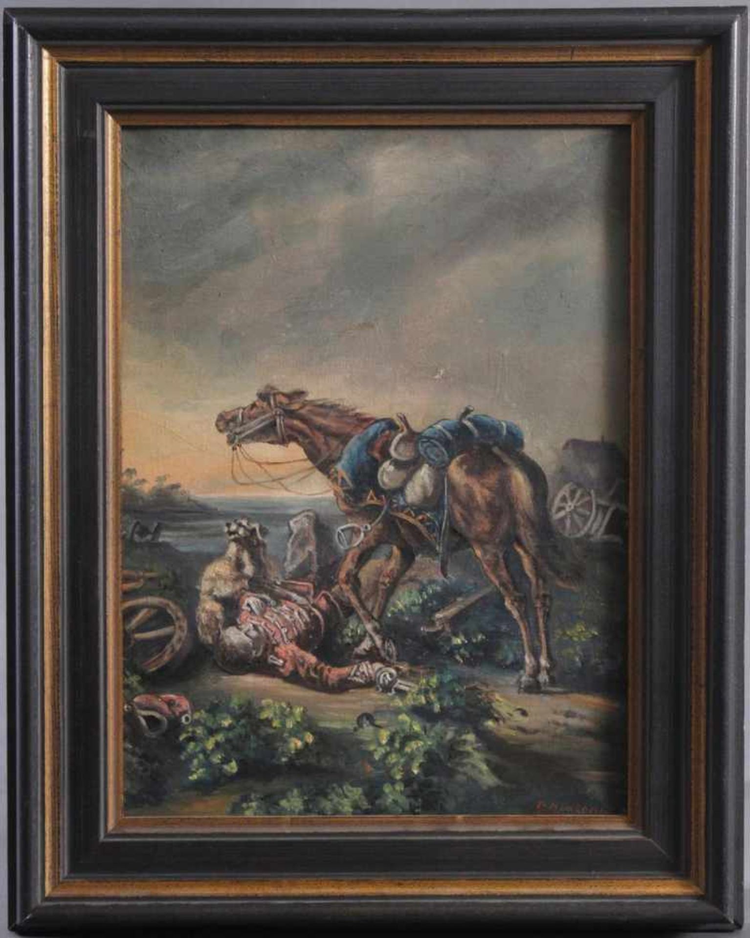 Gefallener Soldat. Gemälde 19. JahrhundertÖl auf Leinwand. "Am Boden liegender Soldat mit dem