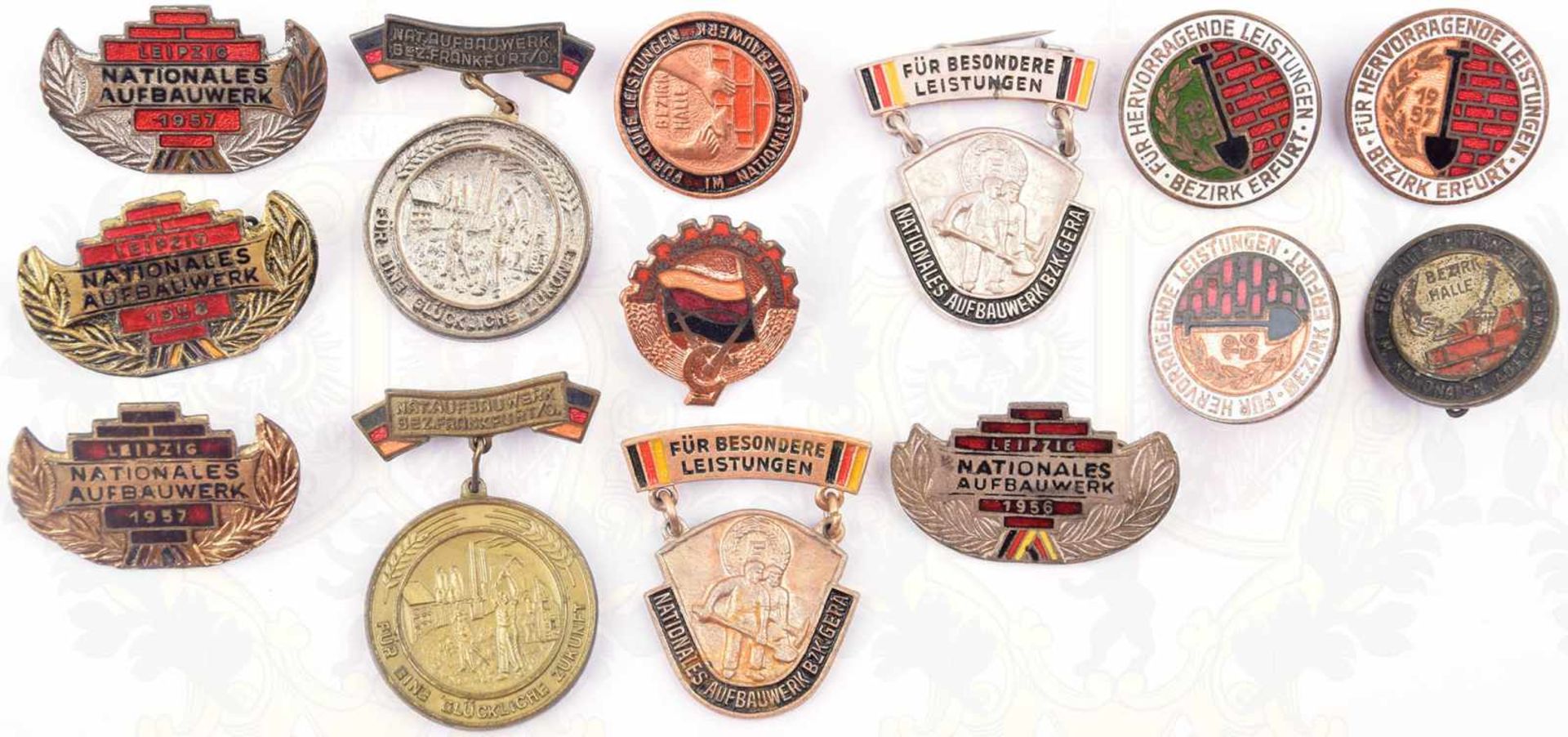 14 ABZEICHEN NATIONALES AUFBAUWERK LEIPZIG, 1956 -1958, Erfurt, Halle, Frankfurt Oder, Gera