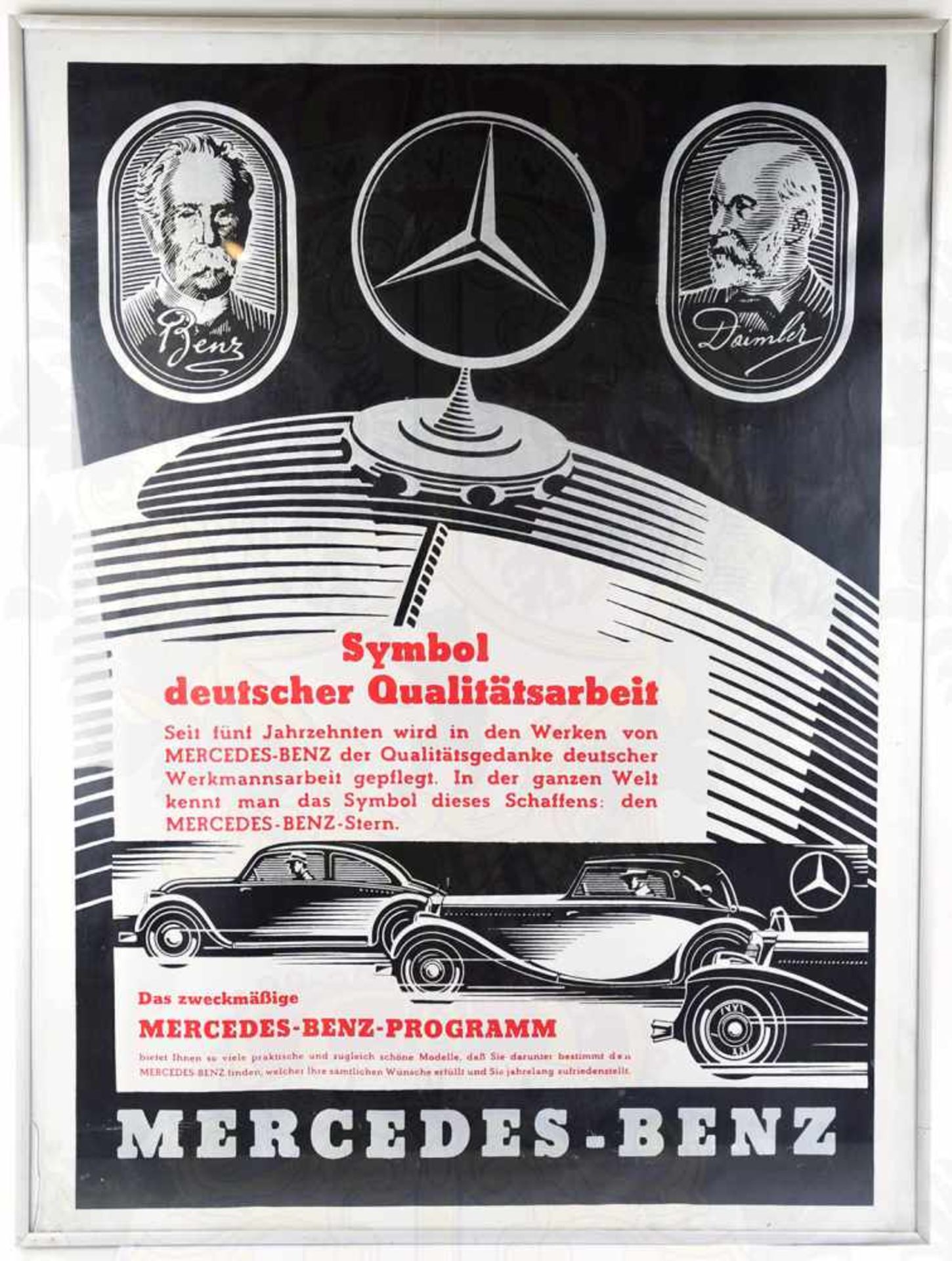 MERCEDES-BENZ WERBEPLAKAT 1936, „Symbol deutscher Qualitätsarbeit“, neuzeitlicher Druck, s/w/r