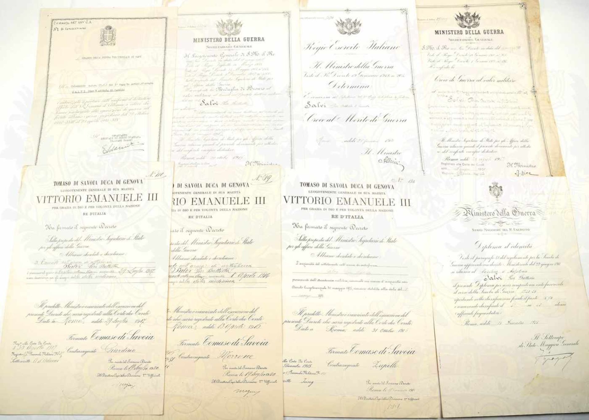 URKUNDENGRUPPE BRIGADEGENERAL SALVI, (1896 - nach 1956), 8 VU u. 13 Patente u. Beförderungen, tls.