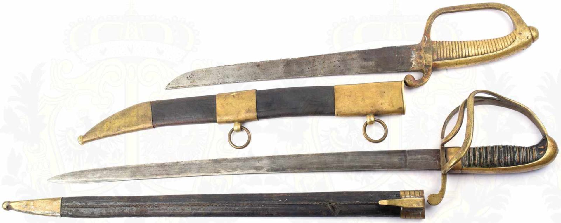 2 BLANKWAFFEN: Sabre Briquet, gekürzte Klinge, am Heft repariert, L. 31,5cm, narbig u. schartig,