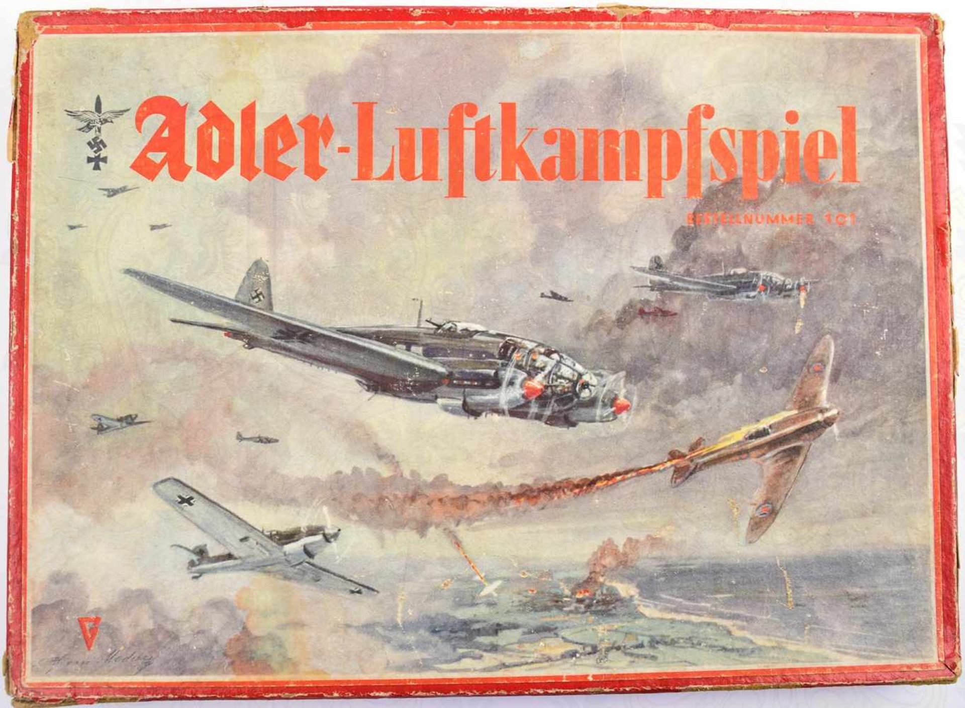 ADLER-LUFTKAMPFSPIEL, Verlag Hugo Gräfe, Dresden 1941, farbig bedrucktes Spielbrett, Spielfiguren