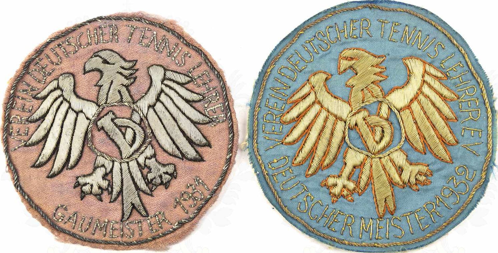 2 MEISTERABZEICHEN VEREIN DEUTSCHER TENNISLEHRER, Gaumeister 1931 bzw. Deutscher Meister 1932, slb.