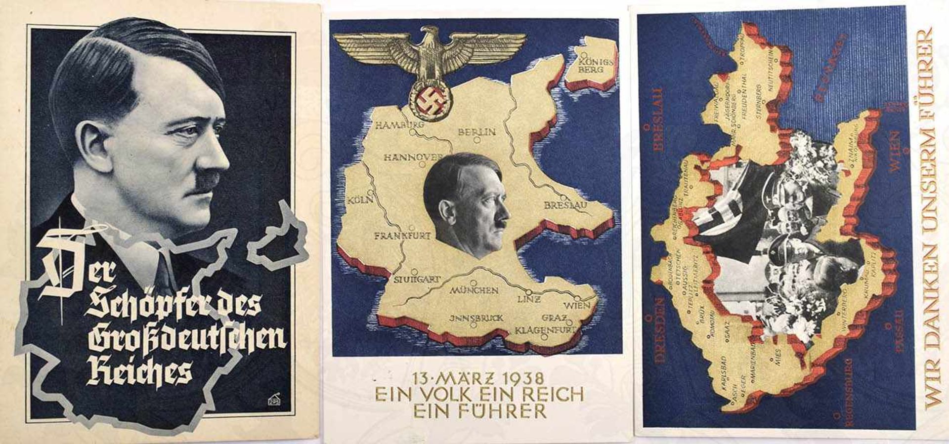 3 PROPAGANDAKARTEN, alle farb., m. Hitlermotiv, Der Schöpfer d. Großdeutschen Reiches; Wir danken