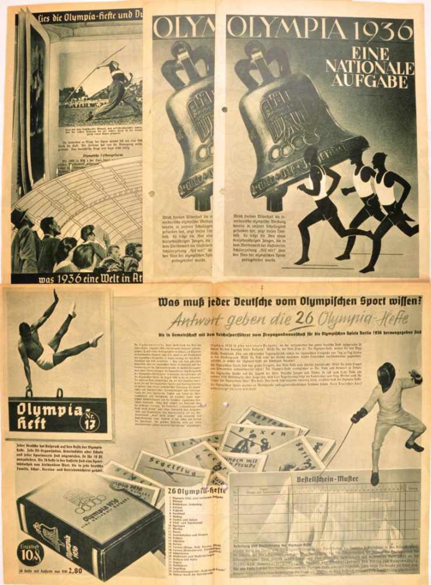 4 WERBE-DOPPELBLÄTTER, „Olympia 1936 - Eine Nationale Aufgabe“, Tiefdruck-Abb. u. Werbung für die