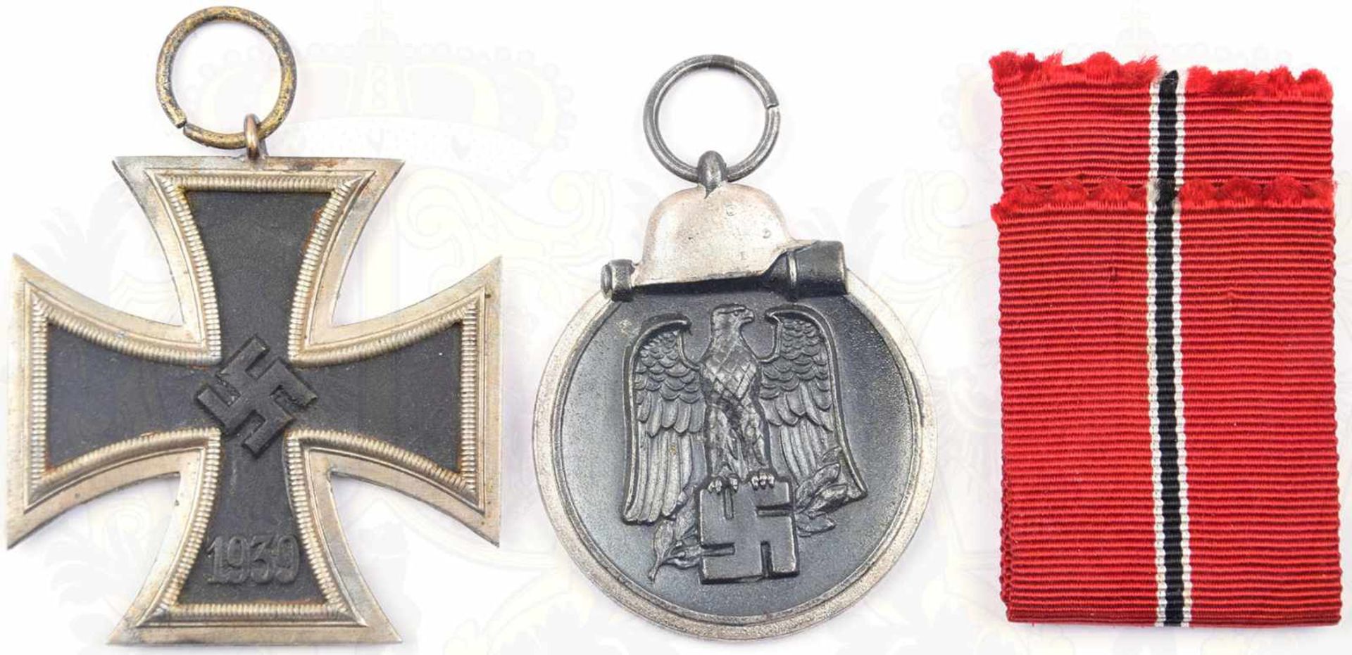 2 AUSZEICHNUNGEN, EK II 1939 u. Ostmedaille, Eisenkern/versilbert, Ring offen, Band fehlt bzw.