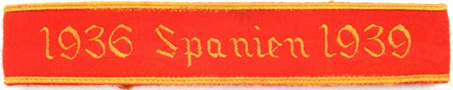 ÄRMELBAND „1936 SPANIEN 1939“, Sammleranfertigung, rotes Tuch, goldfarbener maschinengestickt, L. 49