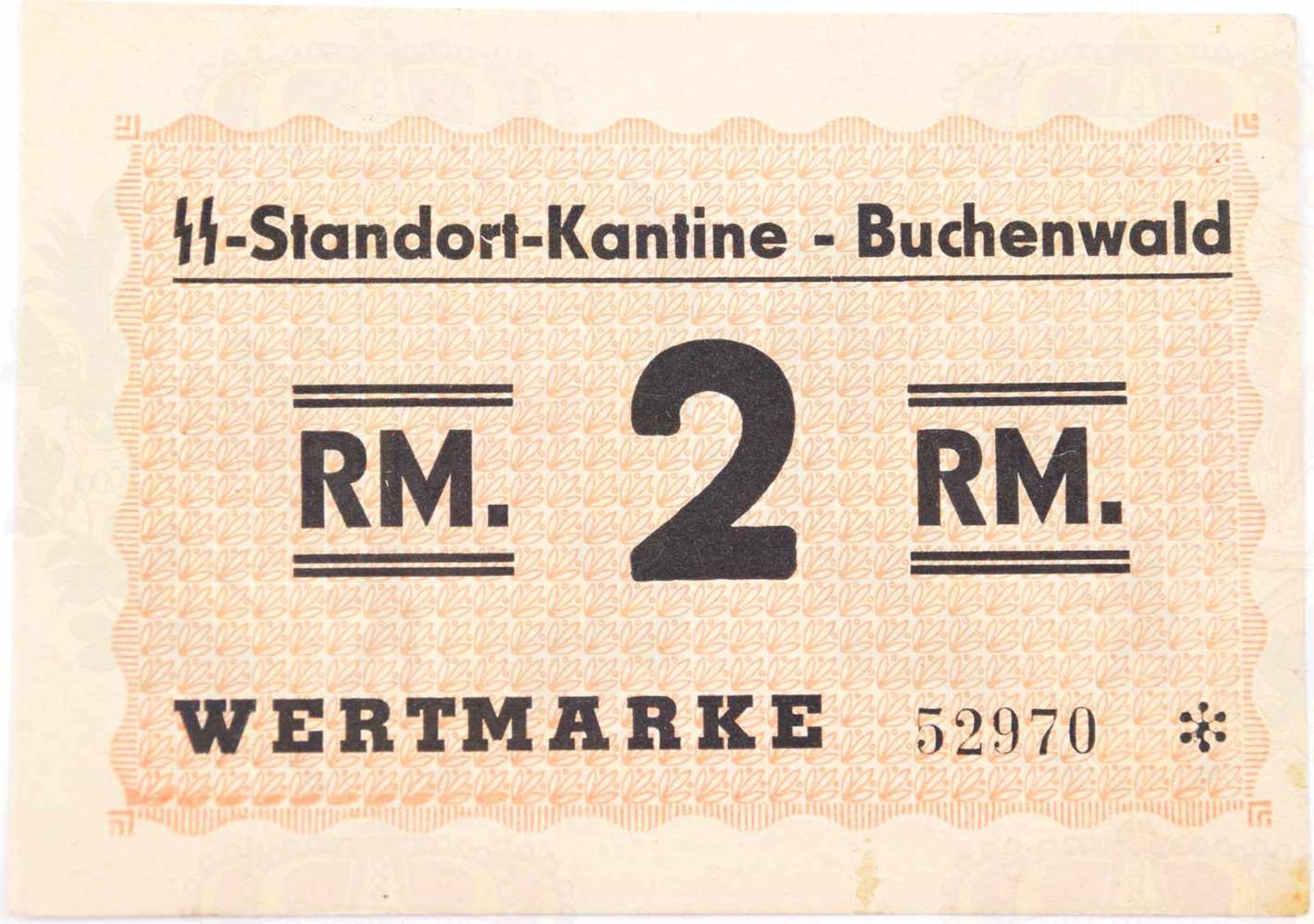 WERTMARKE ÜBER 2 REICHSMARK, SS-Standort-Kantine Buchenwald, schwarz/roter Druck, 10,5x7,5cm
