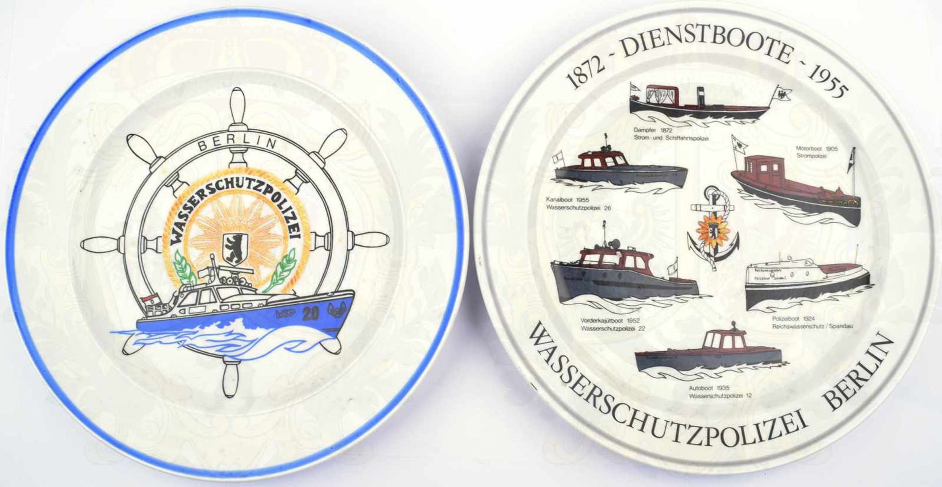 2 WANDTELLER WASSERSCHUTZPOLIZEI BERLIN, 1x Herst. „Schönwald Germany“, Porzellan, m. farb.