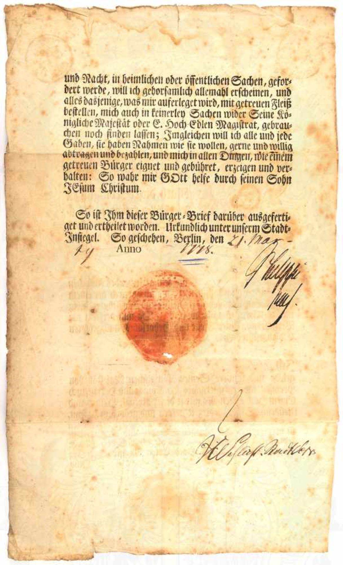 BÜRGER-BRIEF BERLIN 1778, für Carl Friedrich Frantz, m. Tinten OU Johann Albrecht „Philippi“ (1721- - Bild 2 aus 2