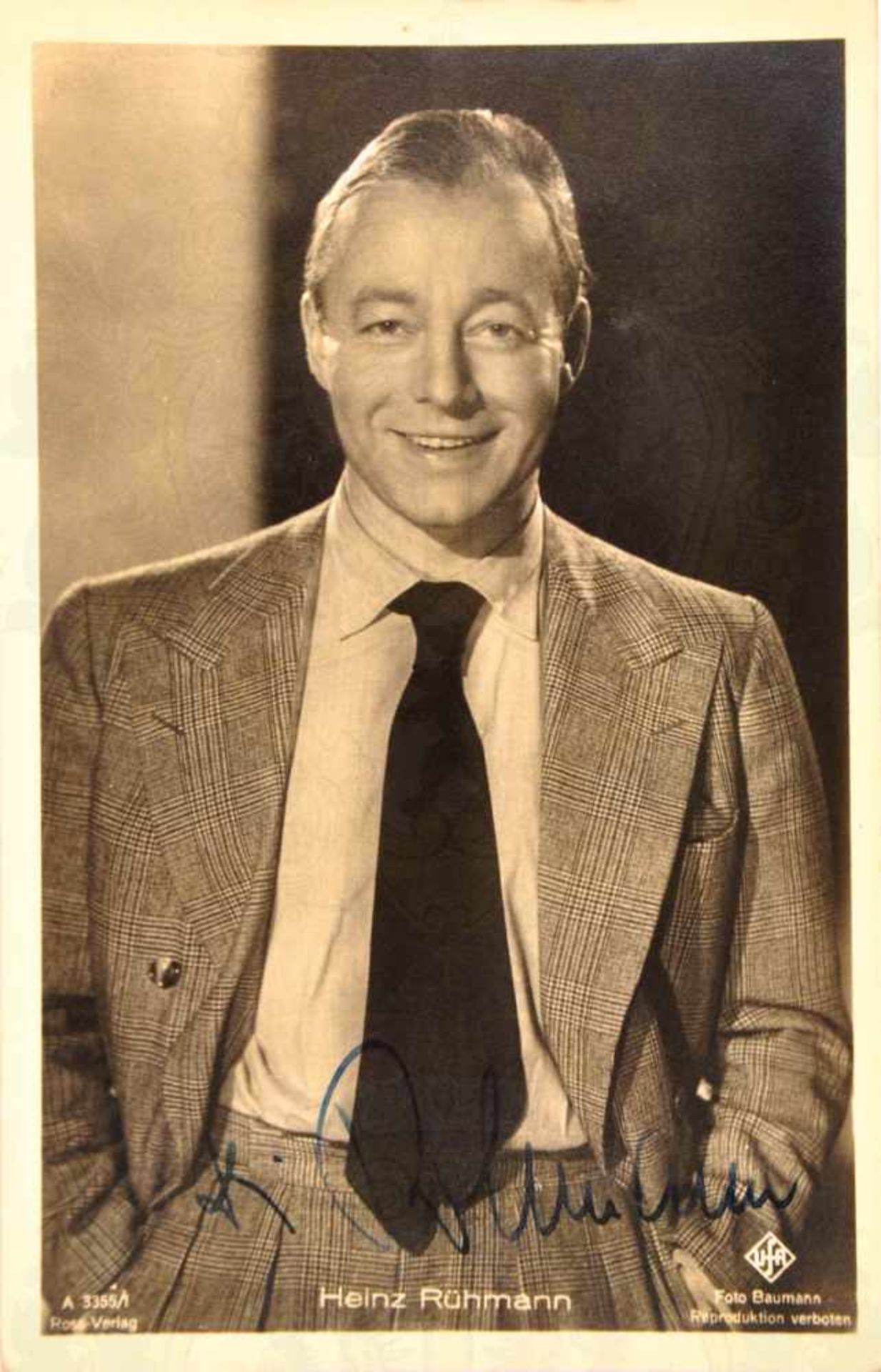 RÜHMANN, HEINZ, (1902-1994), dt. Schauspieler, zeitgen. Tinten-OU auf Autogramm-Karte, Ross