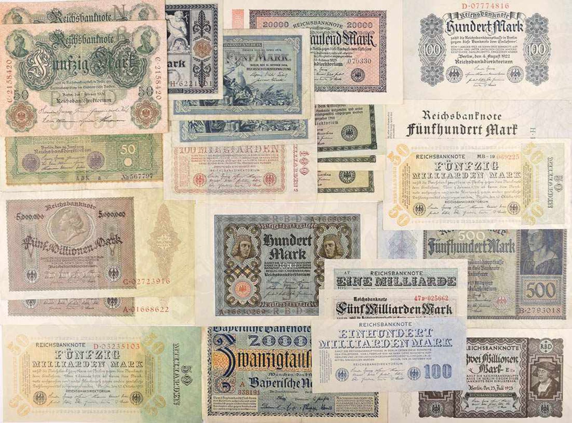 24 BANKNOTEN, Deutsches Kaiserreich u. Weimarer Republik, meist Inflationsgeld, 50 Mark-100
