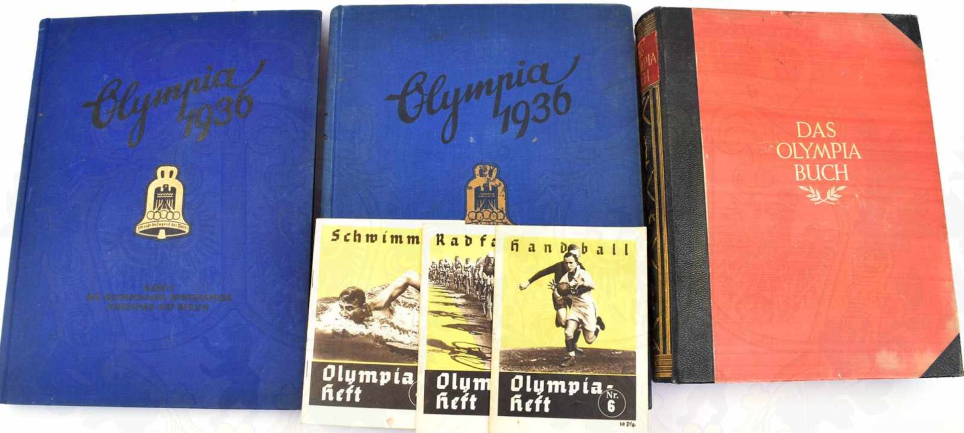 3 TITEL Olympia 1936, Bände 1 u. 2, beide kpl., goldgepr. GLn.; „Das Olympia-Buch“, 1927, 366 S.,