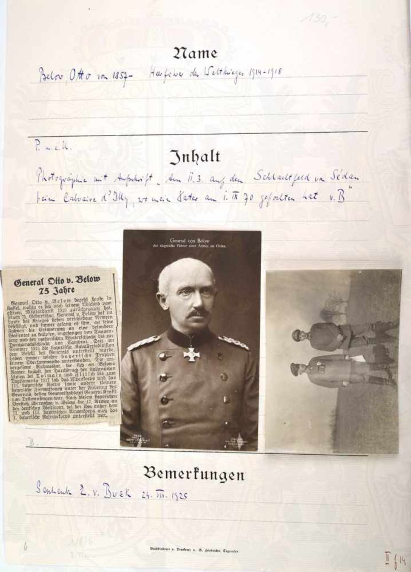 BELOW, OTTO VON, 1857-1944, Preußischer General der Infanterie u. Heerführer im 1. WK, Frontaufnahme