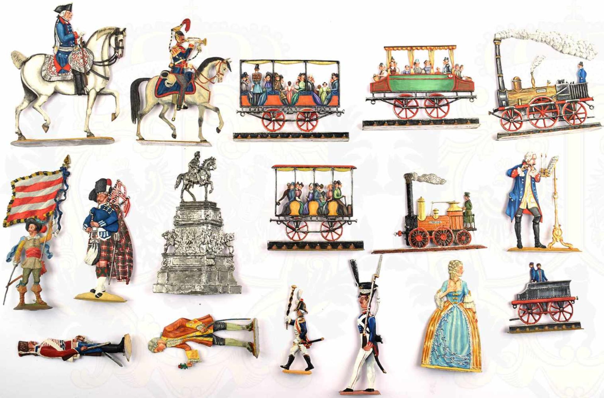 33 ZINNFIGUREN, meist farbig bemalt, Friedrich der Große zu Pferde bzw. m. Flöte sowie Denkmal