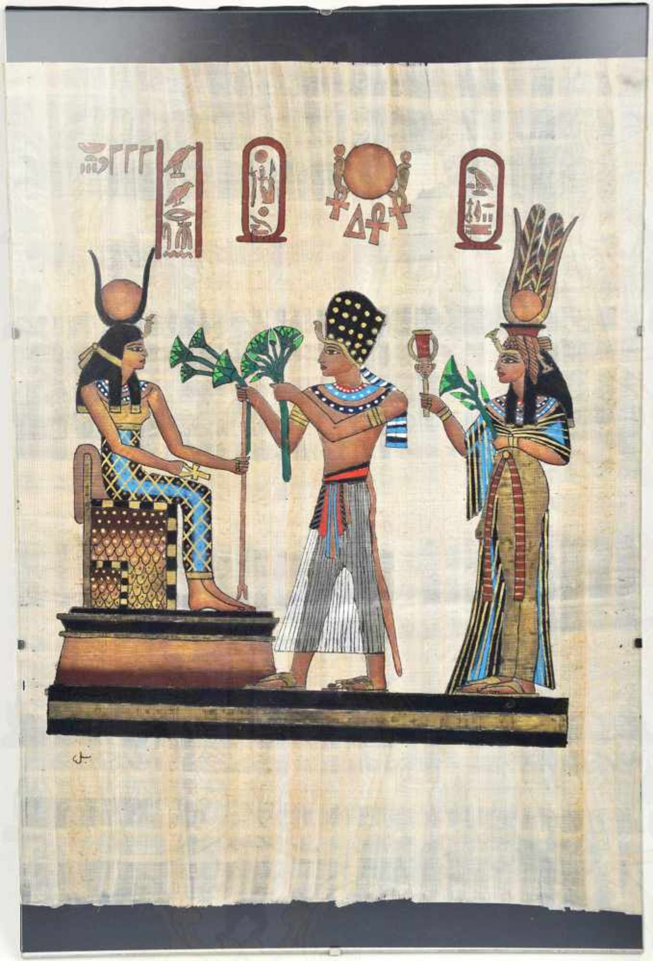 2 PAPYRUSMALEREIEN, handgemalte Szenen aus d. ägypt. Mythologie auf Papyrus, dabei Jagdszene, tls.