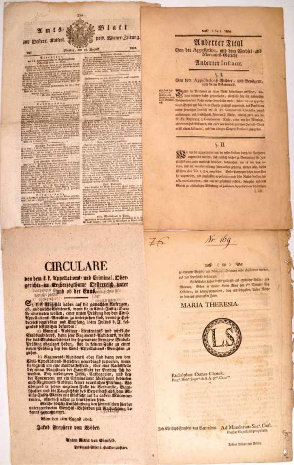 4 EDIKTE, u.a. „Eyds-Formuln welche Gerichts-Personen abzulegen haben“, Wien 1763, 8 S.; „