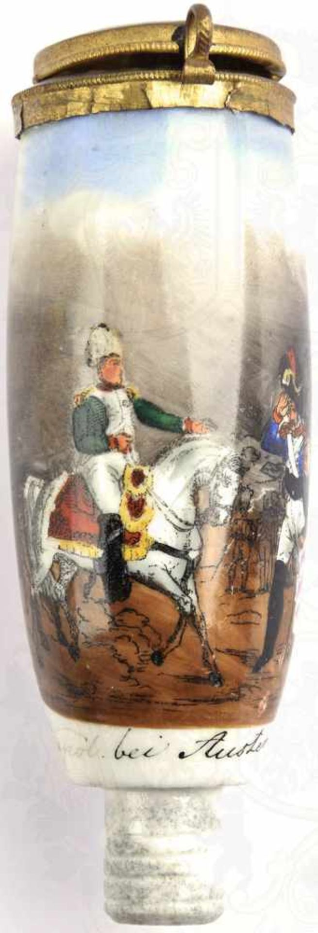 PFEIFENKOPF NAPOLEON BEI AUSTERLITZ, weißes Porzellan, farb. bemalt m. Szene, Napoleon zu Pferde