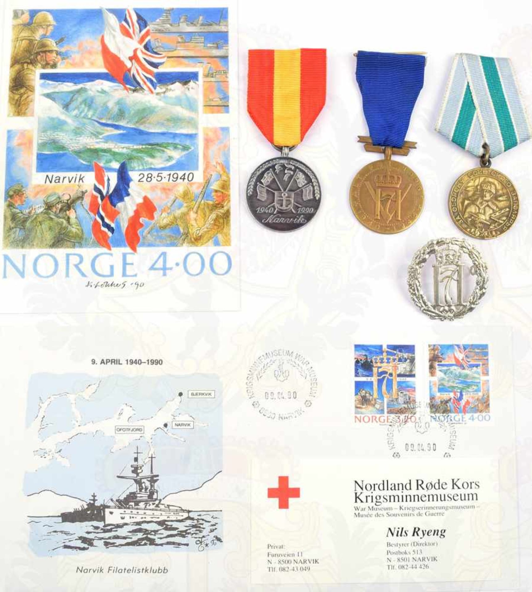 2 ERINNERUNGSMEDAILLEN, Alt for Norge 1940-1915 u. Narvik 1940-1990; dazu Mützenabzeichen, sowjet.