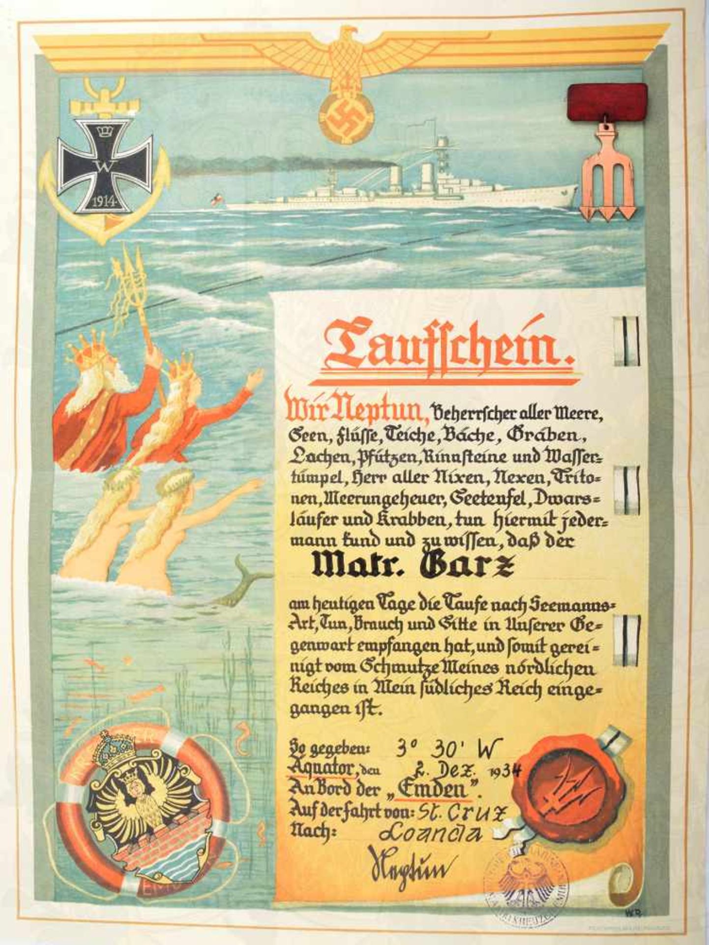 TAUFSCHEIN UND ABZEICHEN ÄQUATORTAUFE, für einen Matrosen an Bord leichter Kreuzer Emden, 2.12.1934,
