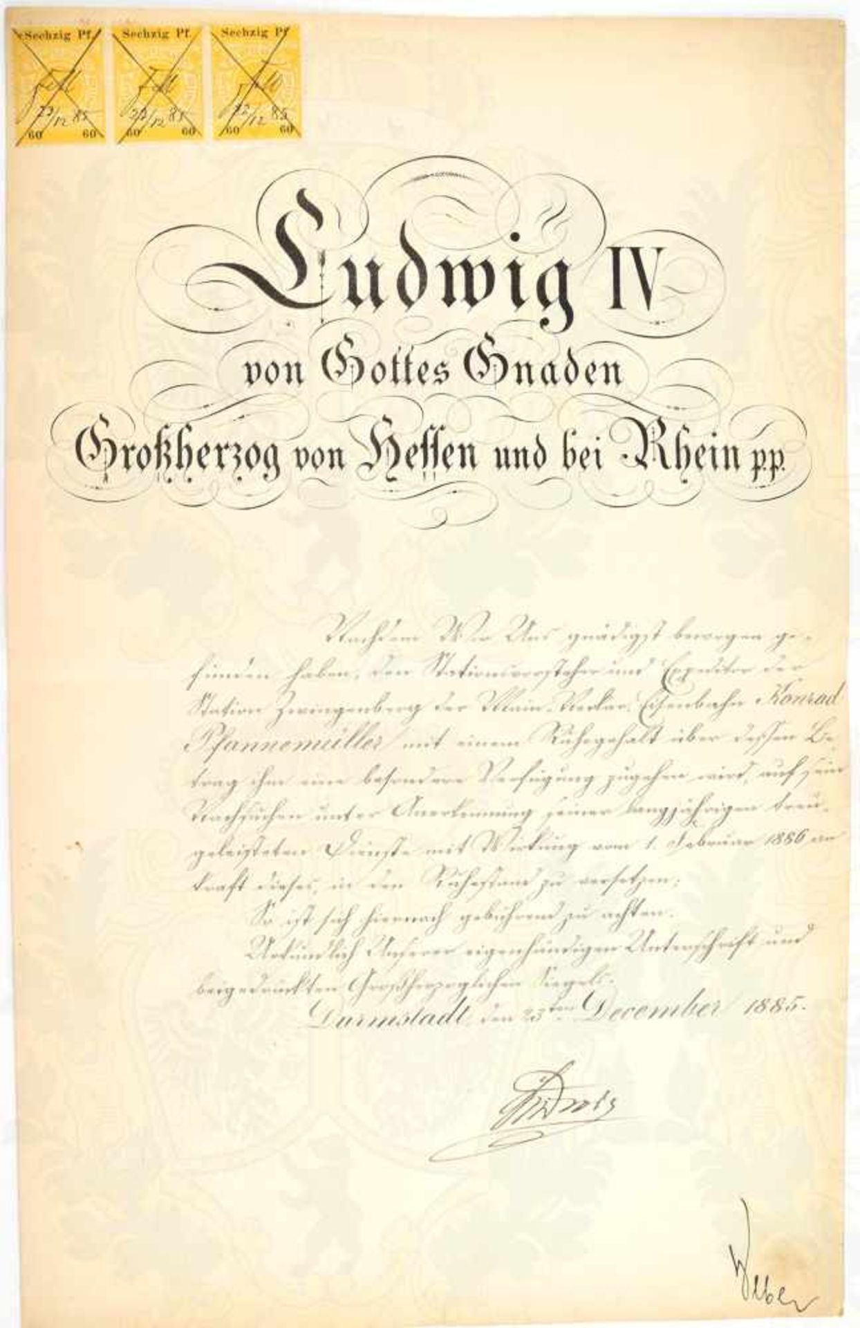 LUDWIG IV., Großherzog von Hessen-Darmstadt (1837-1892), Tinten OU „Ludwig“ auf Ruhegehalts-