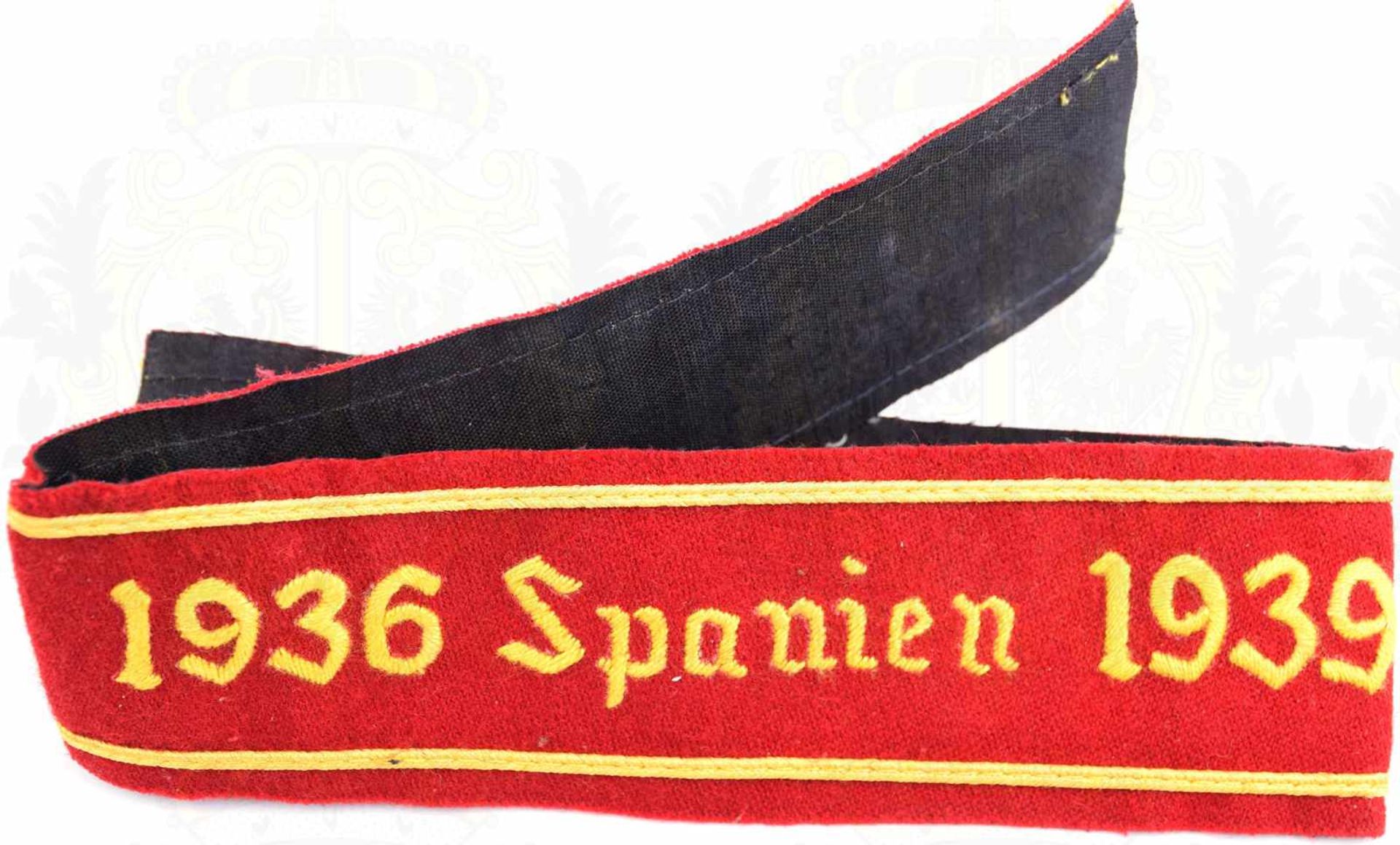 ÄRMELBAND „1936 SPANIEN 1939“, Sammleranfertigung, dunkelrotes Tuch, maschinen-gestickter Text, 2