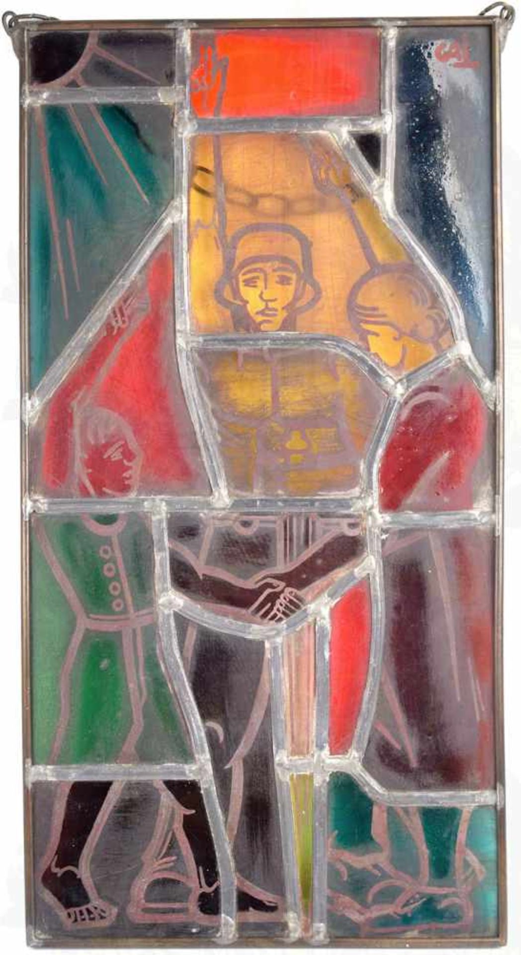 ERINNERUNGS-GLASBILD, mehrfarb. Bleiverglasung, Darstellung eines Soldaten mit freiem Oberkörper - Bild 2 aus 2