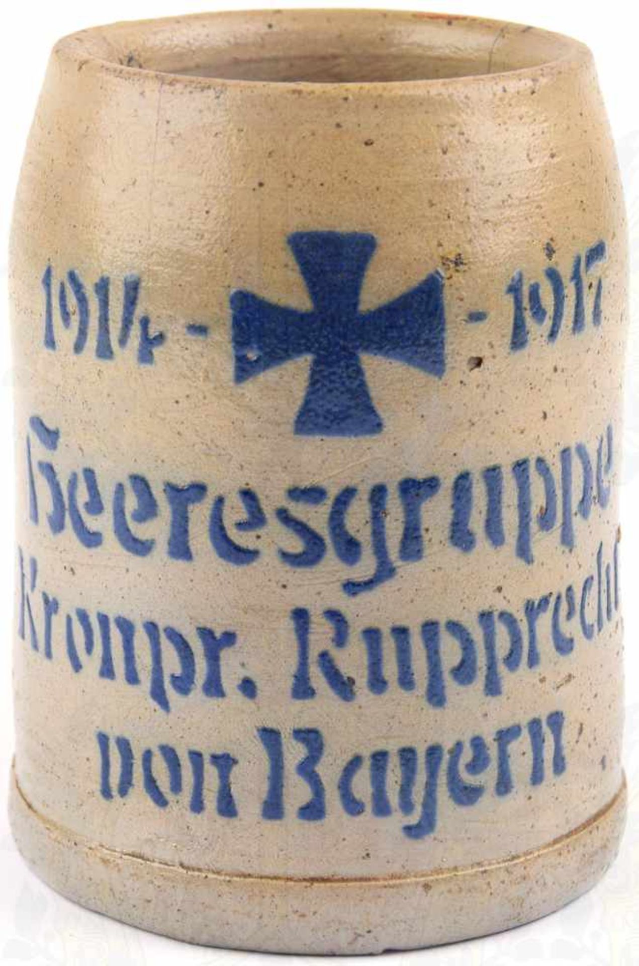 PATRIOTISCHER BIERKRUG, Steinzeug, 0,5 L., graue Glasur u. erhaben blaue Bez. „1914 1917