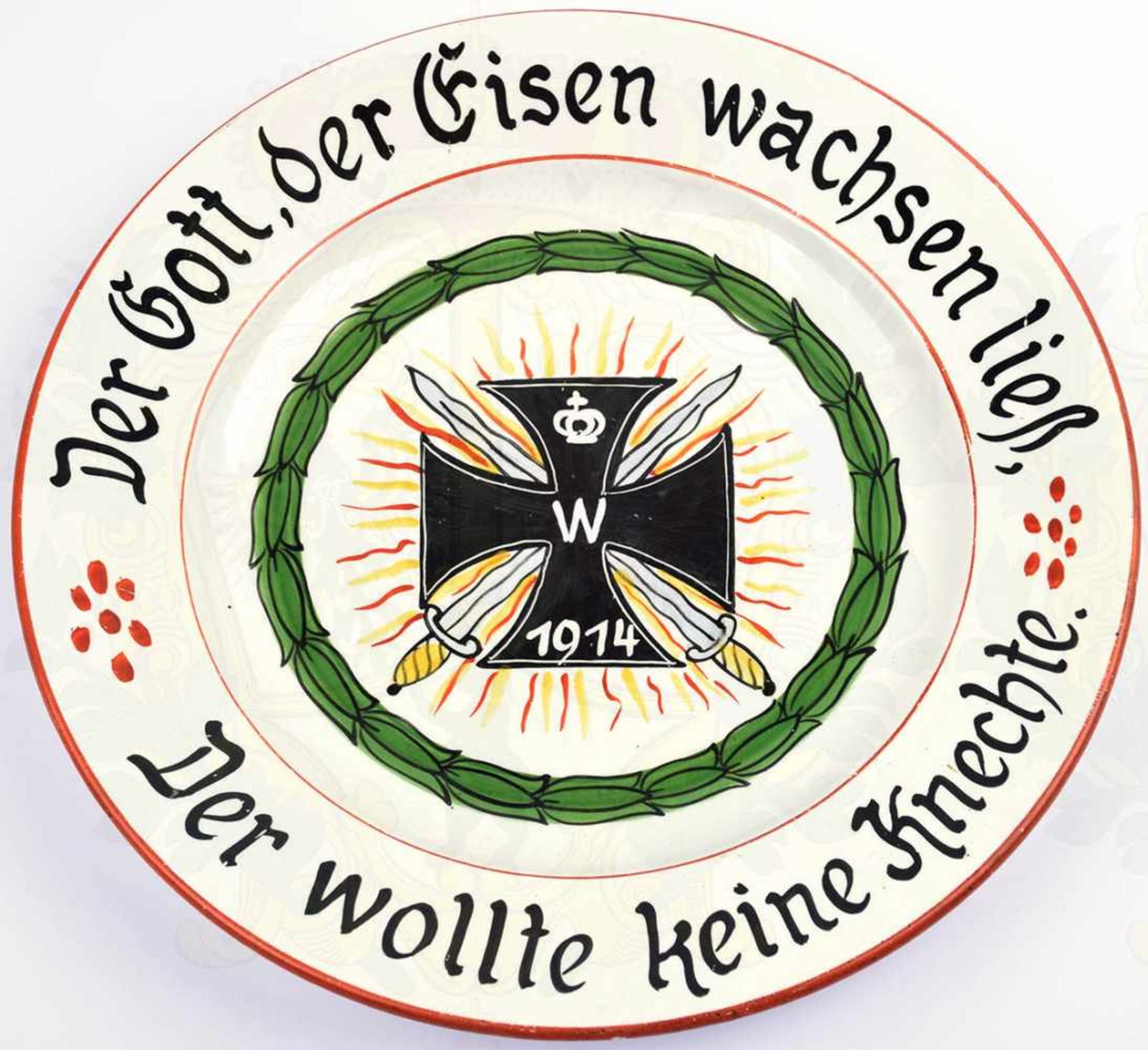 PATRIOTISCHER TELLER, weißes Steinzeug, glasiert, Spiegel m. auflackiertem EK 1914, gekreuzten