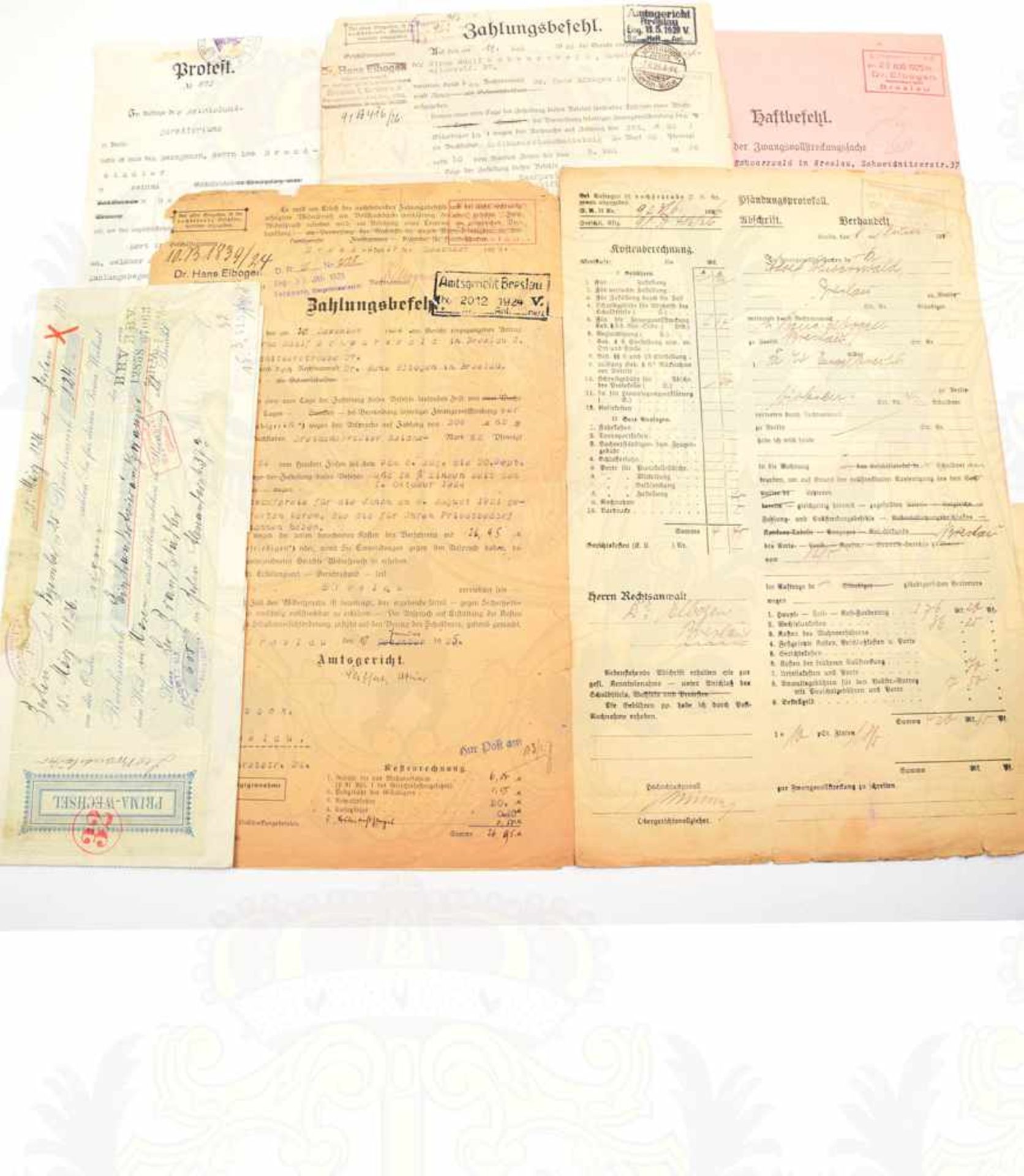 DOKUMENTENKONVOLUT, 25 Teile, 1925-1928, Gerichtsunterlagen, Zahlungsbefehle, Haftbefehle,