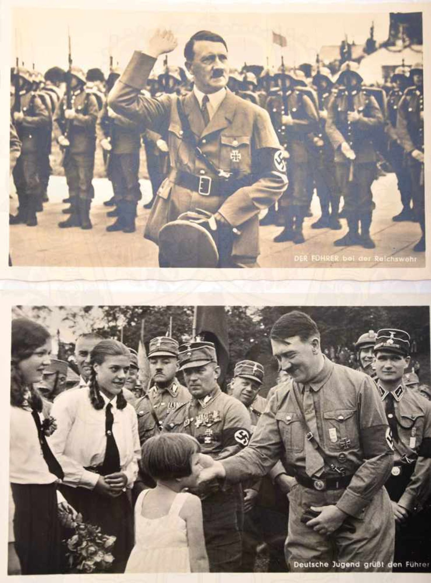 2 FOTO-AK ADOLF HITLER, Besuch bei der Reichswehr sowie mit SA-Führern u. BDM-Angehörigen, beide