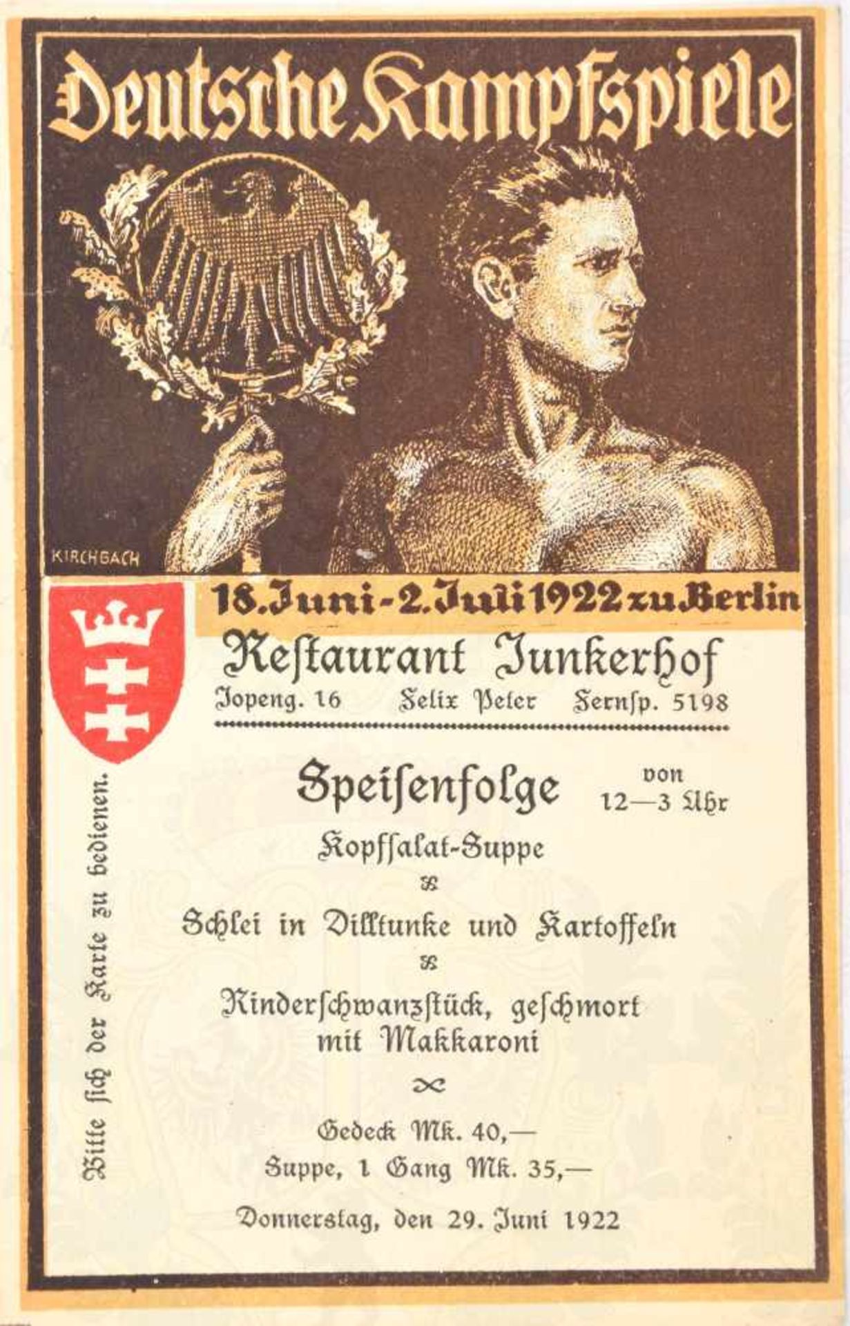 WERBEKARTE DEUTSCHE KAMPFSPIELE BERLIN 1922, Herausgeber „Danziger Kampfspiel-Ausschuß“, farb.,