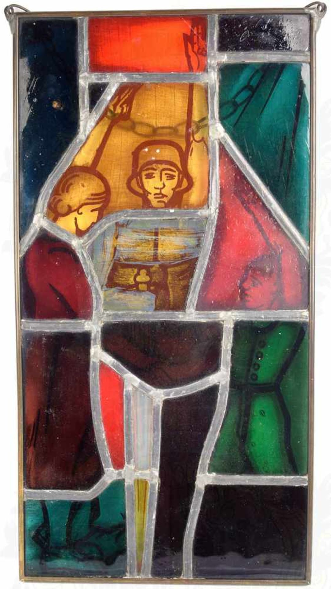 ERINNERUNGS-GLASBILD, mehrfarb. Bleiverglasung, Darstellung eines Soldaten mit freiem Oberkörper