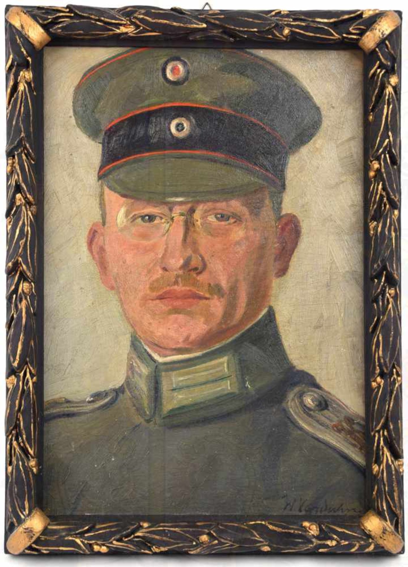 ÖLGEMÄLDE LEUTNANT VOM KRAFTFAHR-BATAILLON, Öl auf Karton/Hartfaser, Brustportrait m. Schirmmütze u.