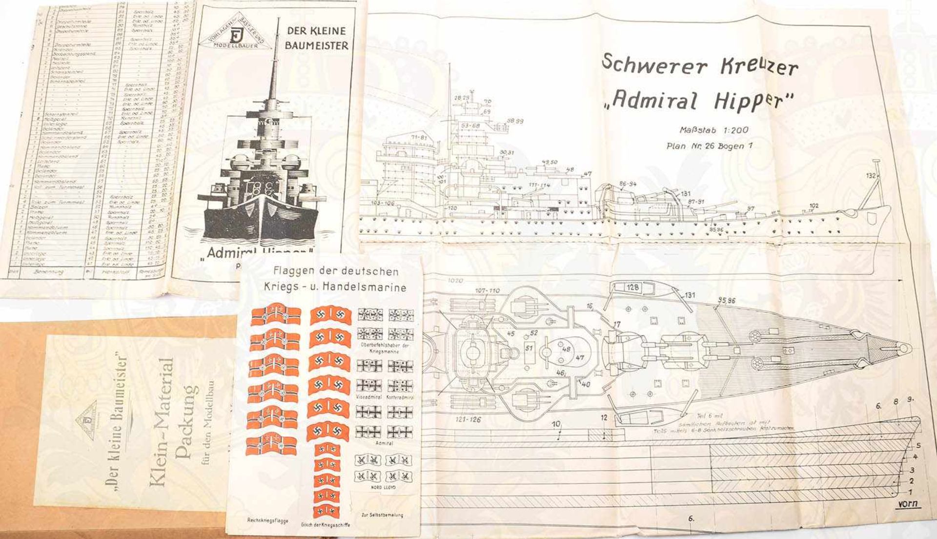 SATZ BAUPLÄNE SCHWERER KREUZER ADMIRAL HIPPER, Fa. „Der kleine Baumeister“, 1939, Maßstab 1:200, 2