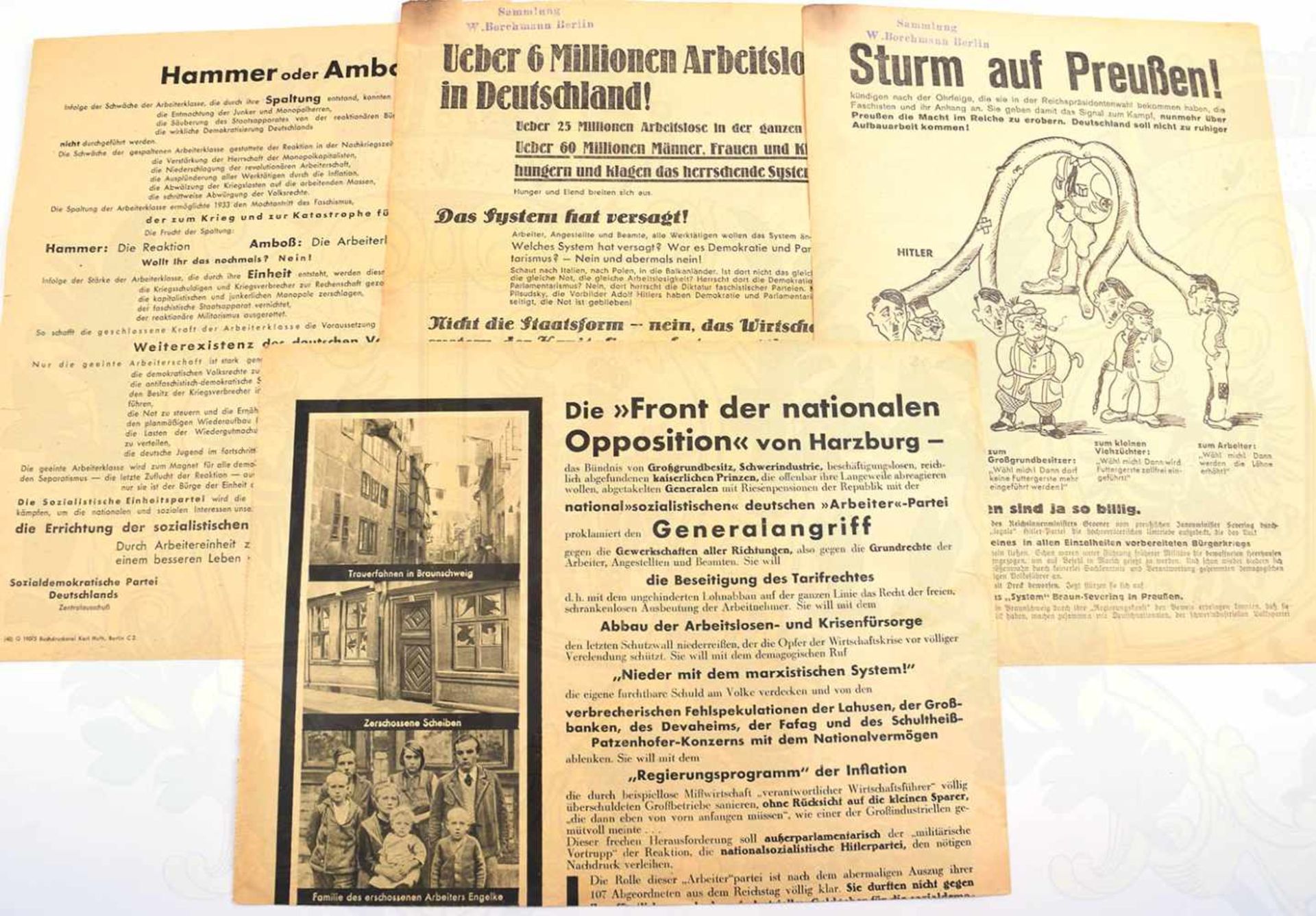 4 WAHLKAMPF-FLUGBLÄTTER SPD, u.a. „Über 6 Millionen Arbeitslose in Deutschland!“, 1930; SA-Aufmarsch