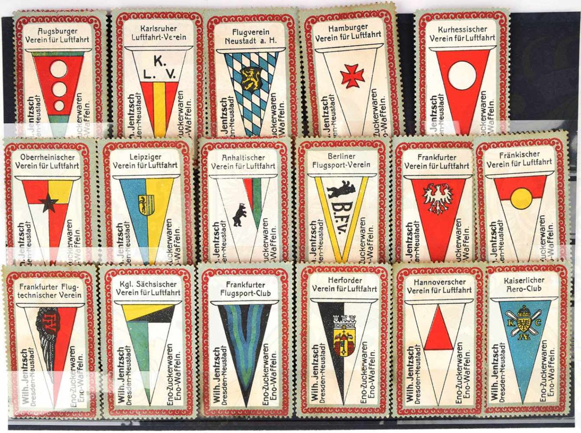 17 REKLAME-MARKEN „ENO-ZUCKERWERKE“, farbige Darstellungen von Wimpeln versch. Luftfahrt-Vereine, um
