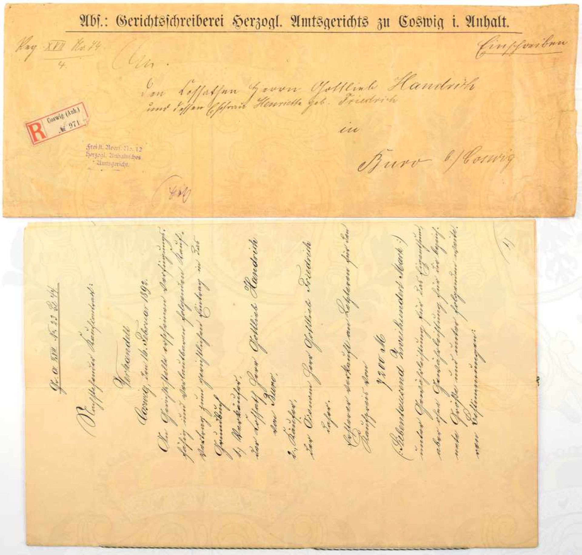 VERKAUFSVERTRAG, über ein Wohnhaus sowie mehrere Äcker u. Wiesen über 7200 Mark, 1892, 8