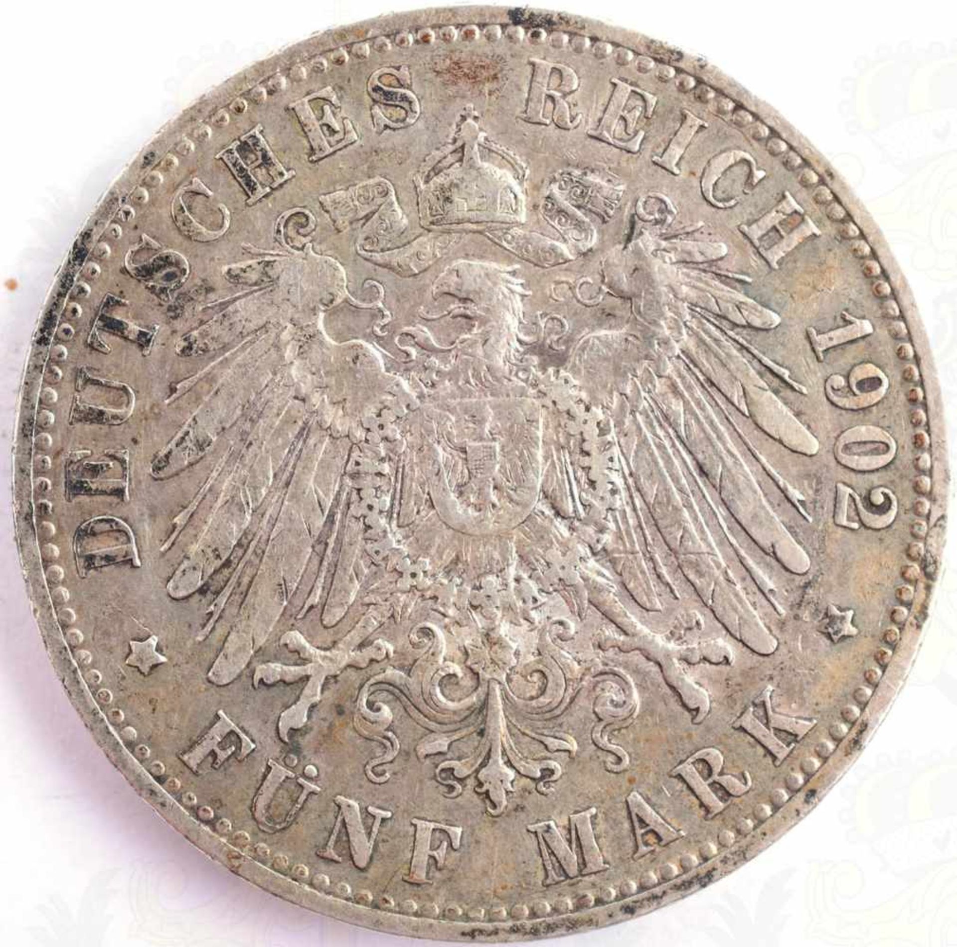 5 MARK PREUSSEN 1902, Silber, Prägestätte A, relief. Portrait Kaiser Wilhelm II., Ø 38mm, Belag - Bild 2 aus 2